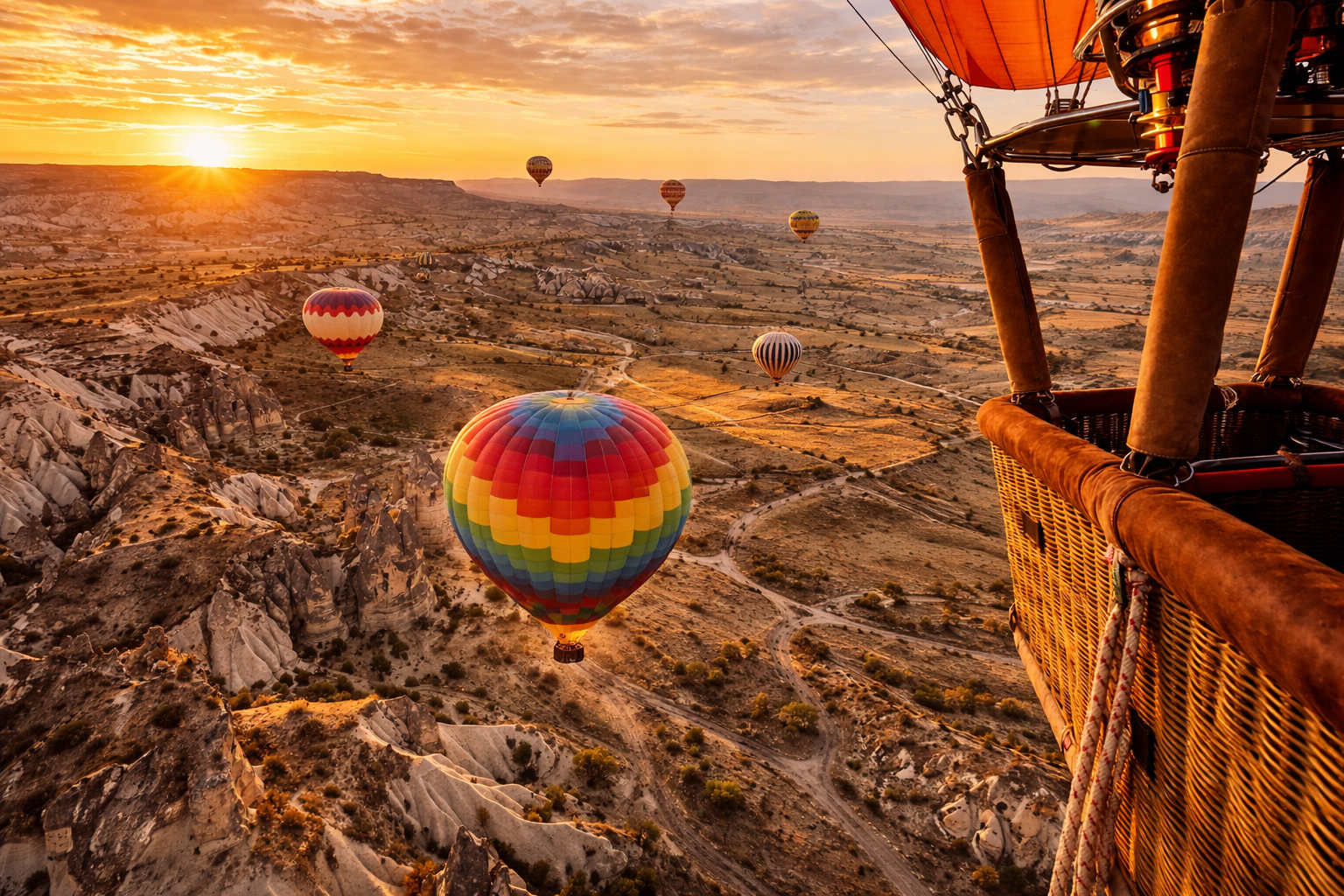 Der Himmel ist bei Sonnenaufgang zu sehen, in dem mehrere bunte Heißluftballons über einer zerklüfteten Landschaft fliegen, aufgenommen vom Korb eines Ballons.