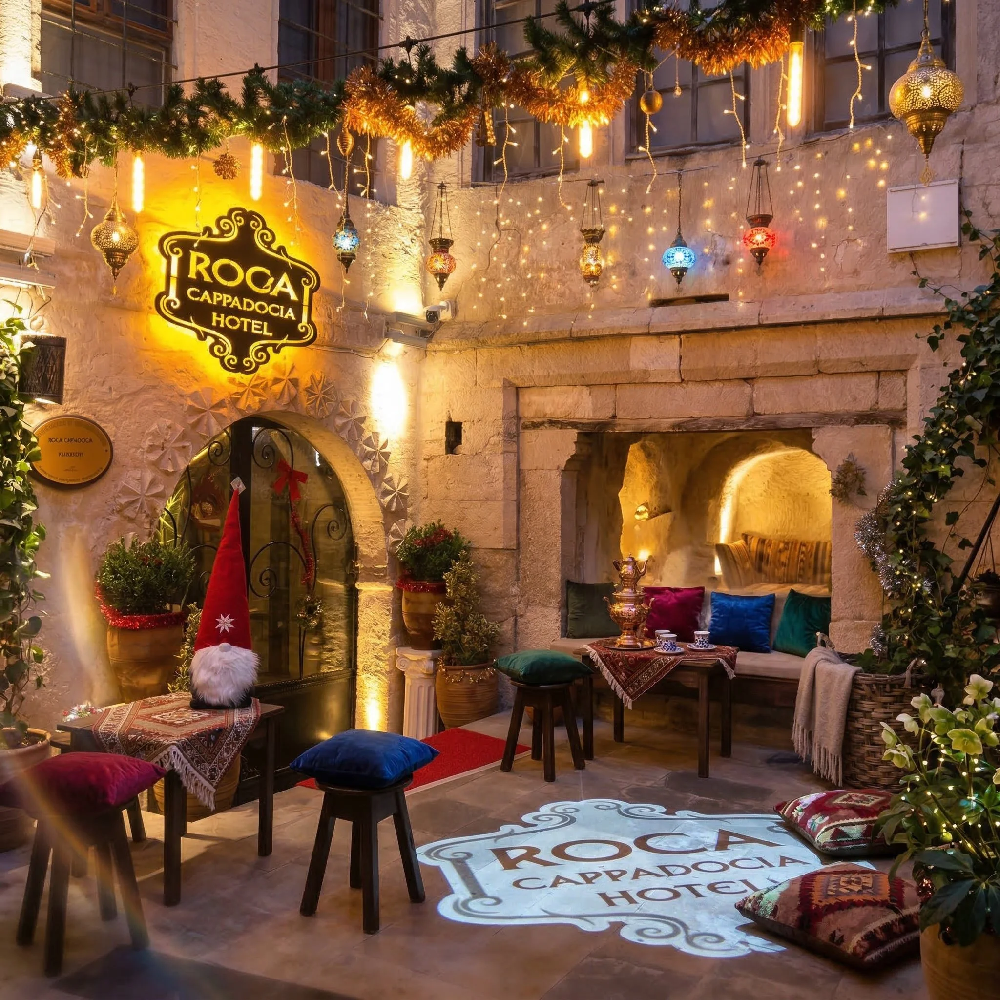 Gemütliche, festlich dekorierte Hotel-Lounge mit Weihnachtslichtern, Pflanzen, bunten Kissen, einem Weihnachtsmann-Hut und Gabelfest auf dem Boden und einem erleuchteten Hotel-Logo auf dem Boden