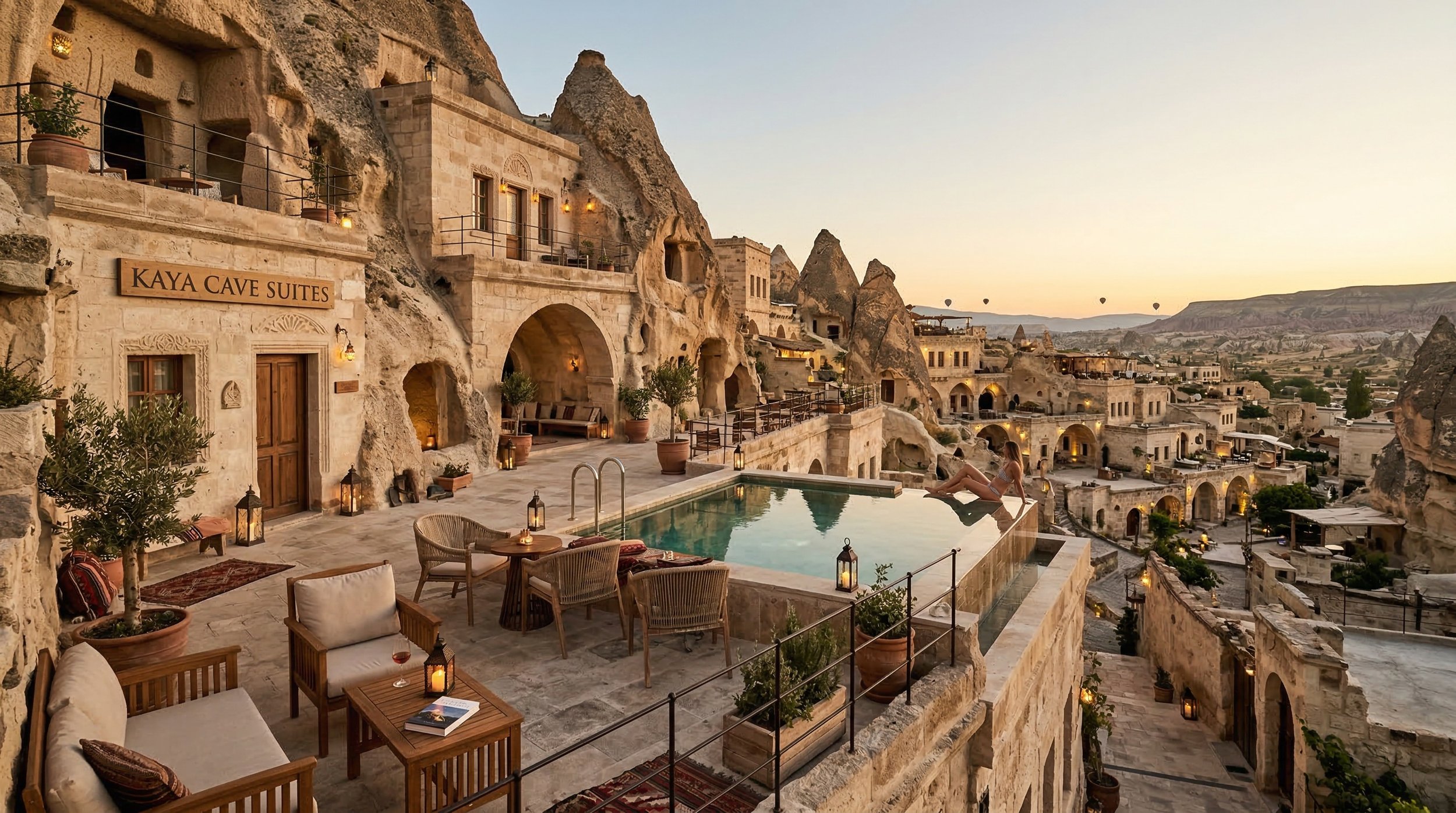 Am Himmel sieht man Heißluftballons über einer antiken Felsenstadt bei Sonnenuntergang, mit einer Poolterrasse im Vordergrund.