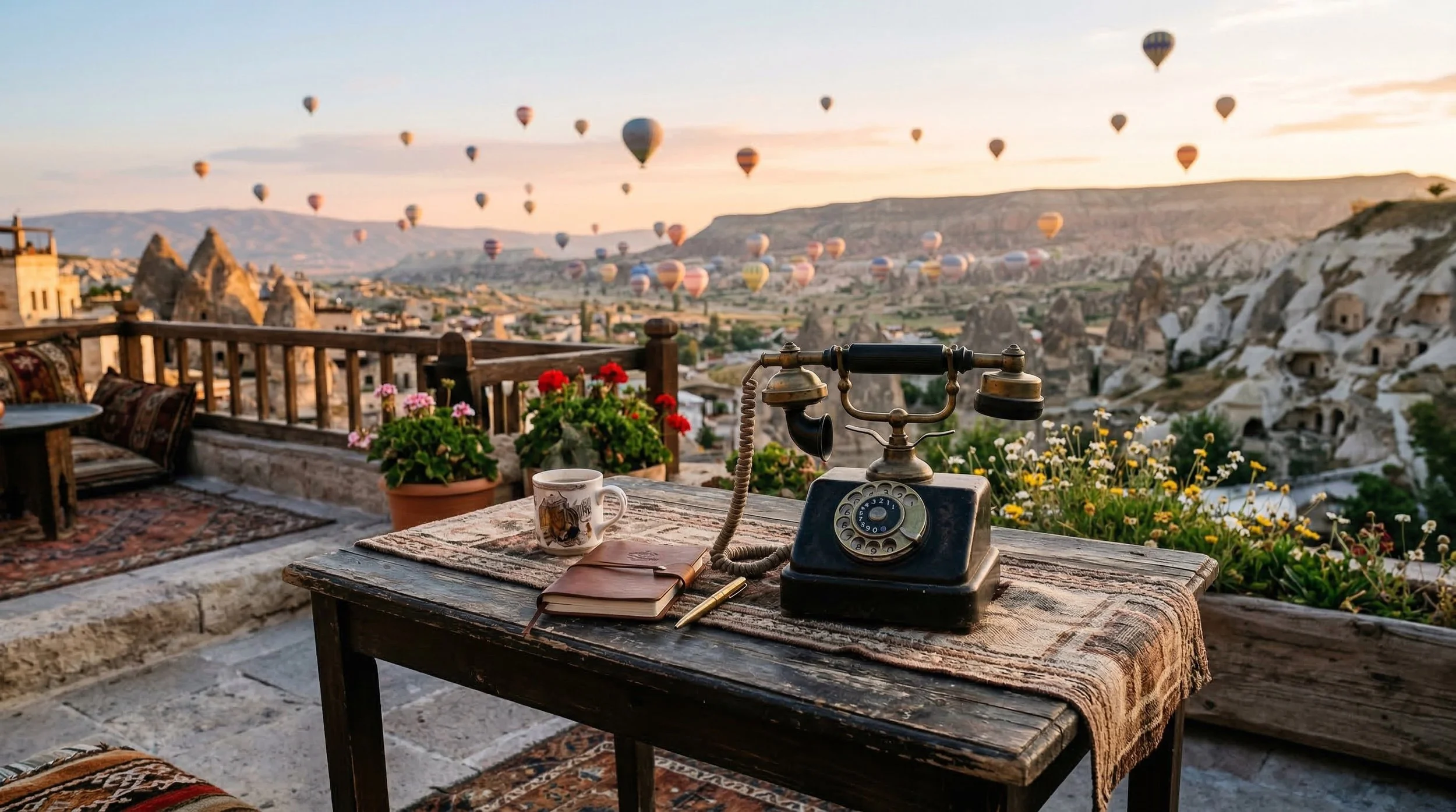 Antiker Telefon auf einem Holztisch mit Quitten- und Geranienpflanzen im Hintergrund, Blick auf eine Stadt mit Felsen und Heißluftballons am Himmel bei Sonnenuntergang