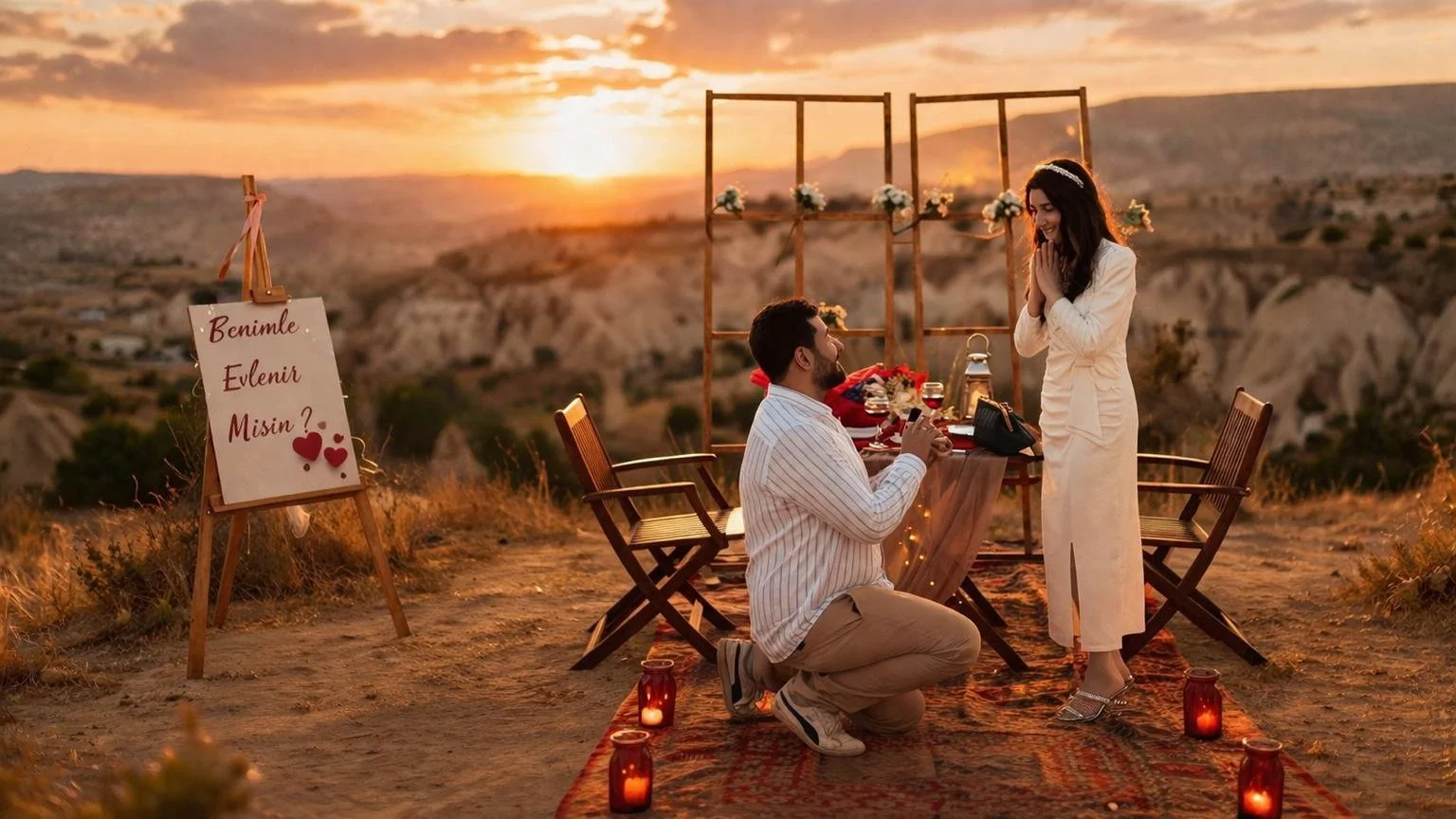 Ein Mann macht einen Heiratsantrag bei Sonnenuntergang im Freien, vor einem Tisch mit Wein und Kerzen, während eine Frau überrascht und gerührt ist.