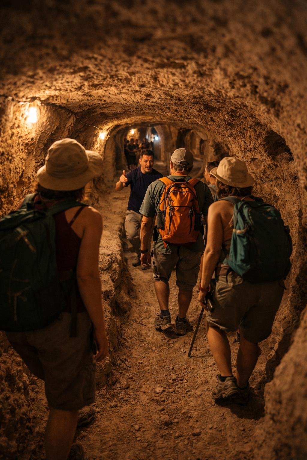 Gruppe von Menschen wandert durch eine Höhle, mit Taschenlampen beleuchtet, einige mit Rucksäcken und Hüten.