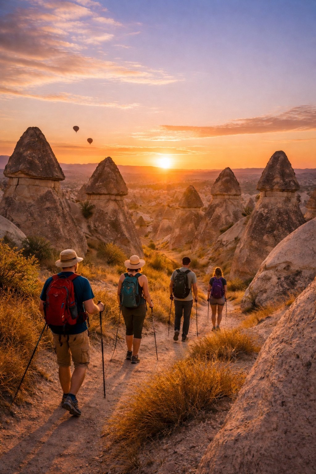 Fünf Wanderer mit Rucksäcken und Wanderstöcken gehen einen Weg durch eine felsige Landschaft bei Sonnenuntergang, mit Höhlenformationen und Heißluftballons im Himmel.