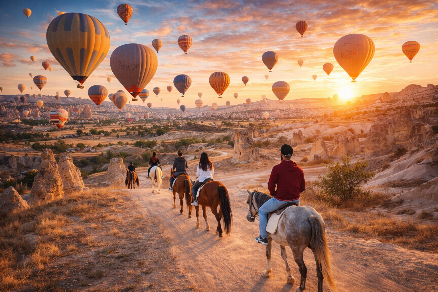 Menschen reiten auf Pferden entlang einer Trockenlandschaft bei Sonnenaufgang, während zahlreiche Heißluftballons am Himmel in verschiedenen Farben und Mustern steigen.