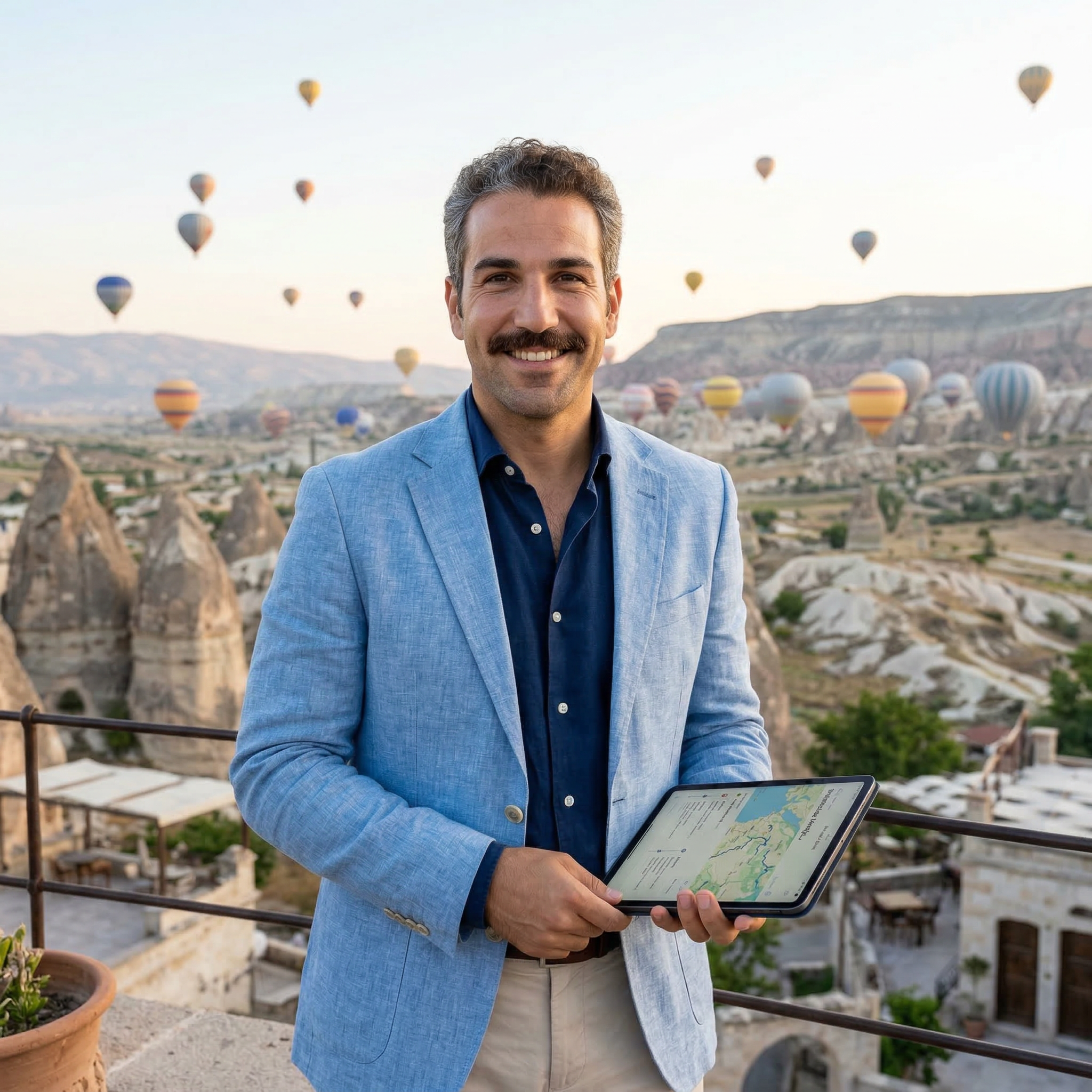 Mann mit Telefontasche in der Hand, im Hintergrund Heißluftballons über einer Landschaft mit Felsen und Tälern in Kappadokien, Türkei.