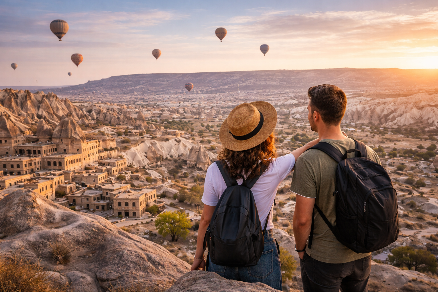 Ein Paar mit Rucksäcken beobachtet den Sonnenuntergang über einer felsigen Landschaft mit Ballons im Himmel.