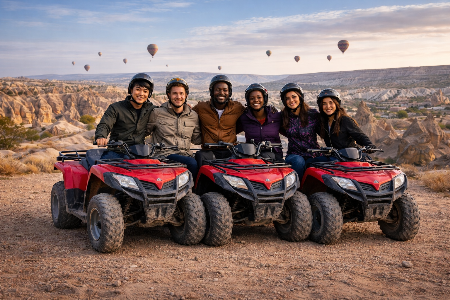 Sechs Menschen mit Helmen sitzen auf roten Quad-Bikes in einer Wüstenlandschaft mit Felsen und Heißluftballons im Himmel im Hintergrund.