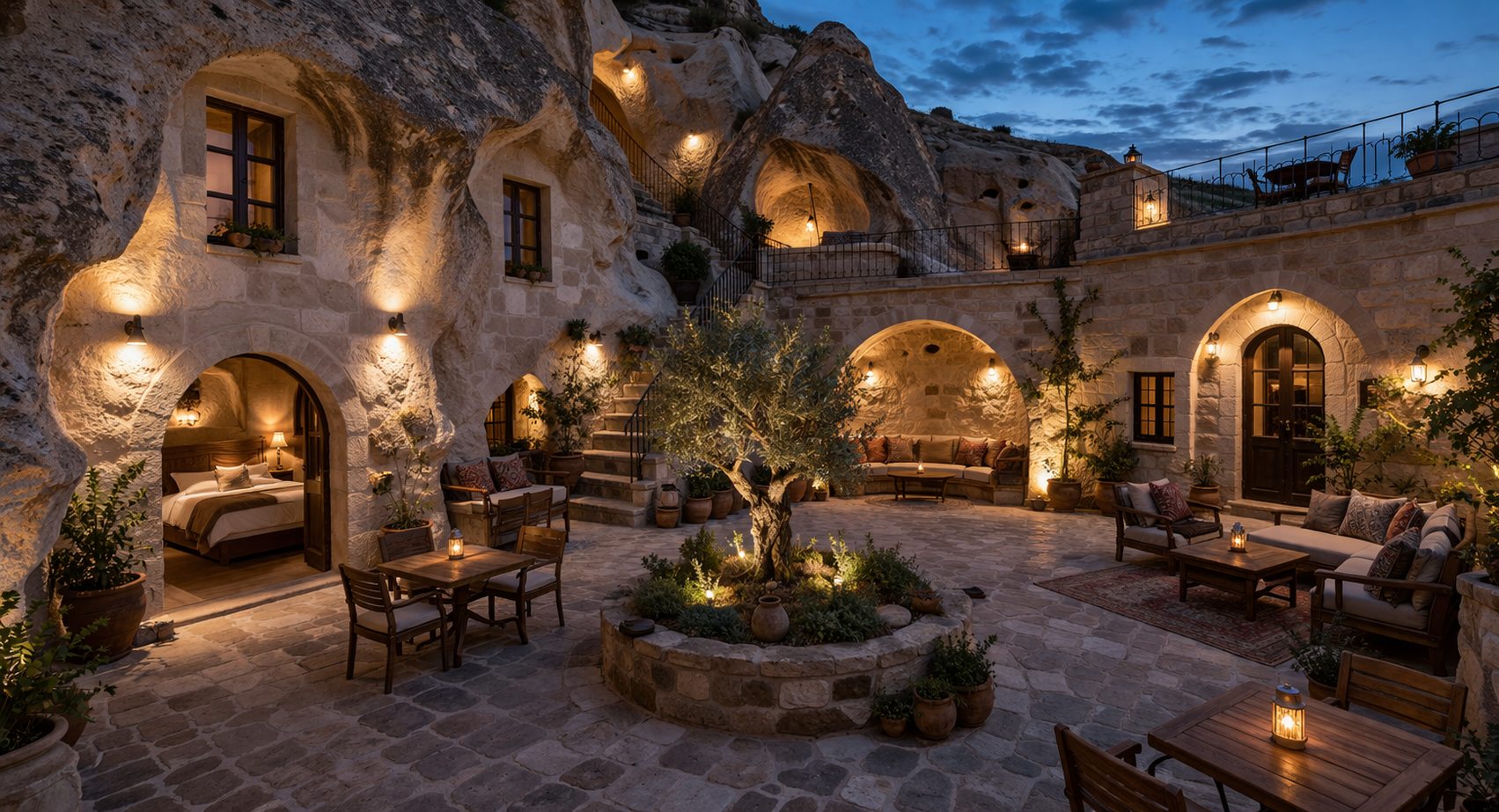 Innenhof eines historischen Gebäudes aus Stein, abendlich beleuchtet, mit Tischen, Stühlen, Sofas, einem zentralen Baum, Pflanzen und warmem Licht