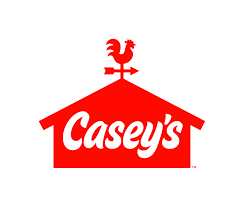 Casey's logo with a red rooster on top and the word Casey's written in white across a red house-shaped background.