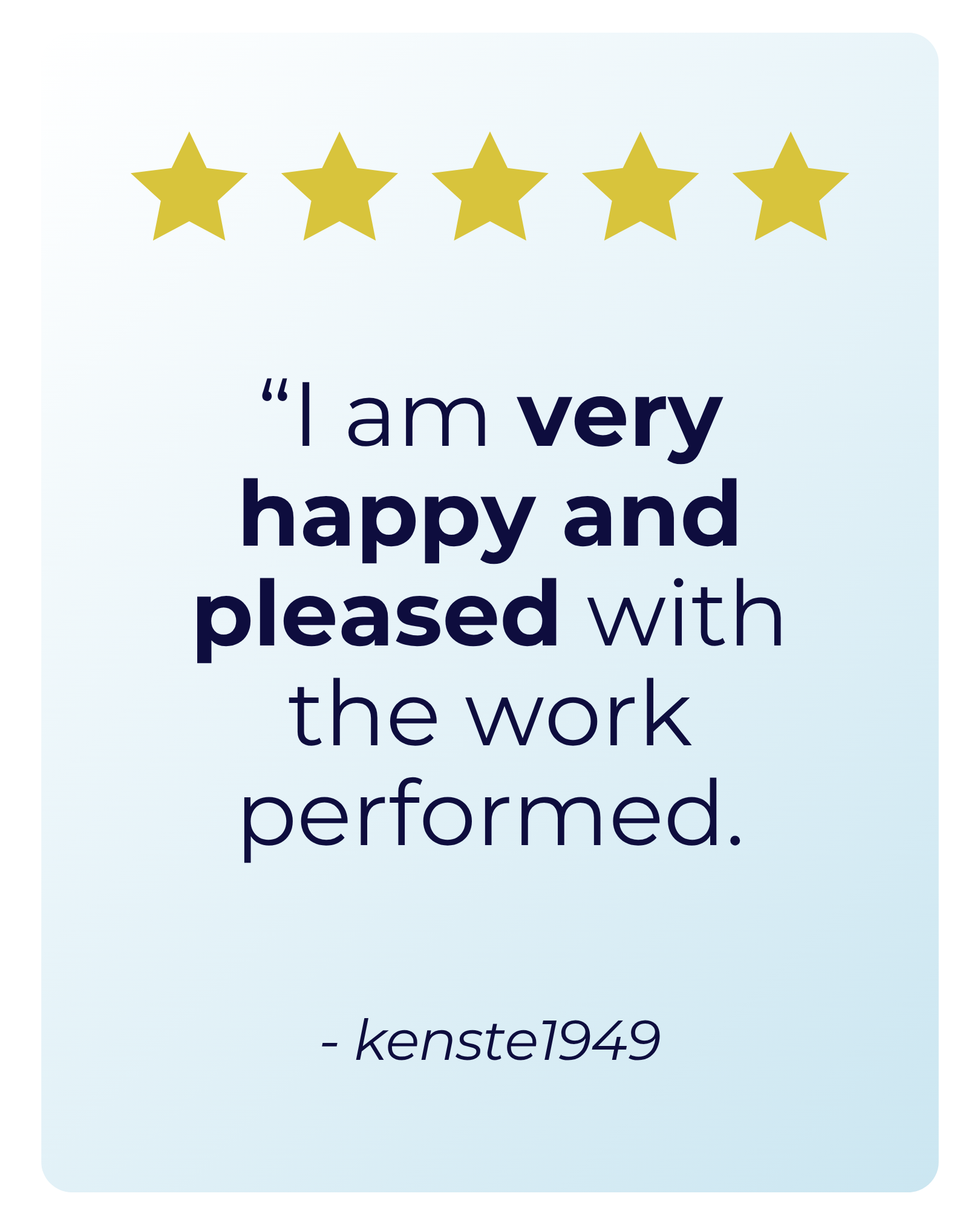 Five gold stars at the top, a quote in the center that reads 'I am very happy and pleased with the work performed,' and the author 'kenste1949' at the bottom.