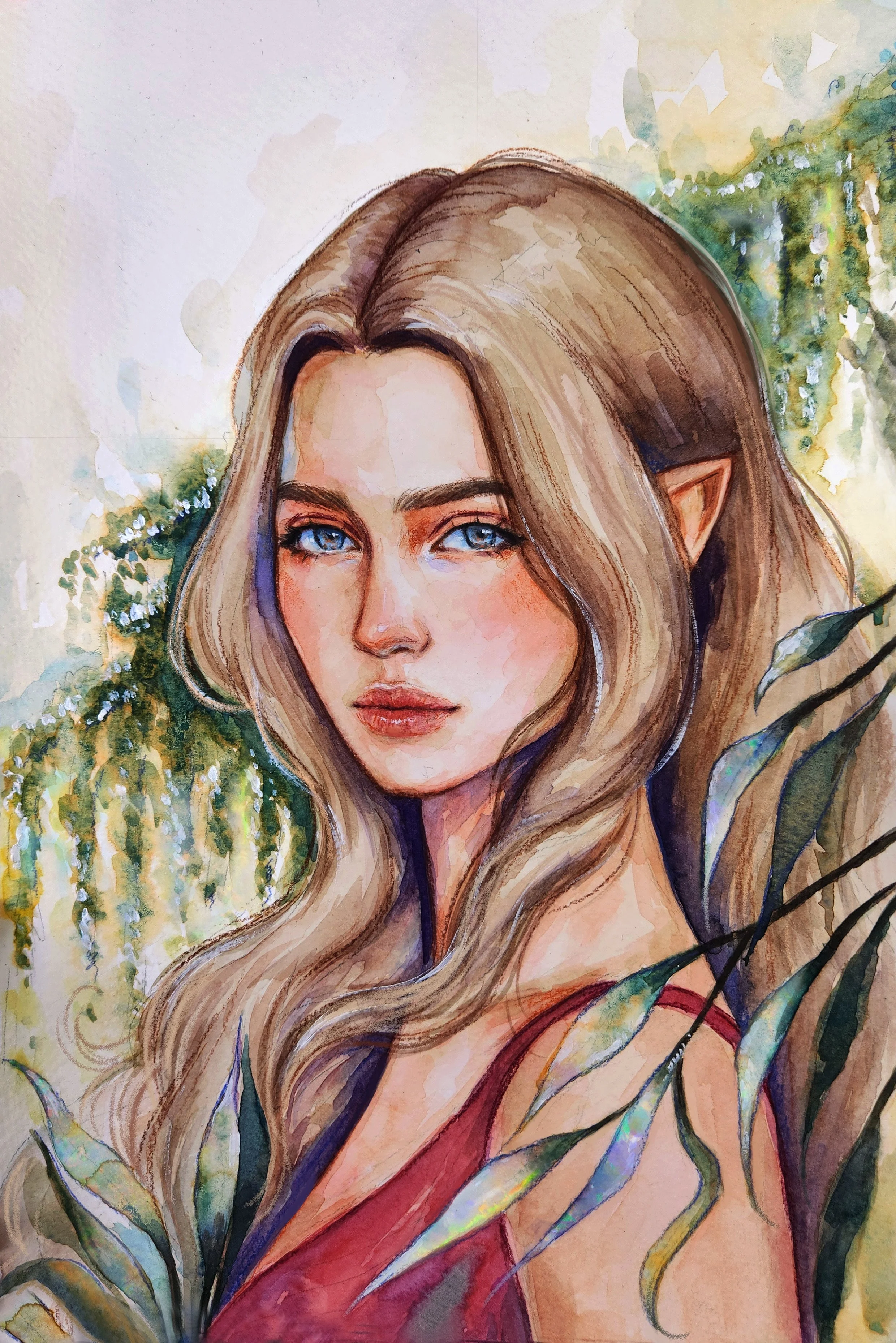 A watercolor portrait of a woman with elf-like ears, long wavy blonde hair, blue eyes, and wearing a red top, with green foliage in the background.