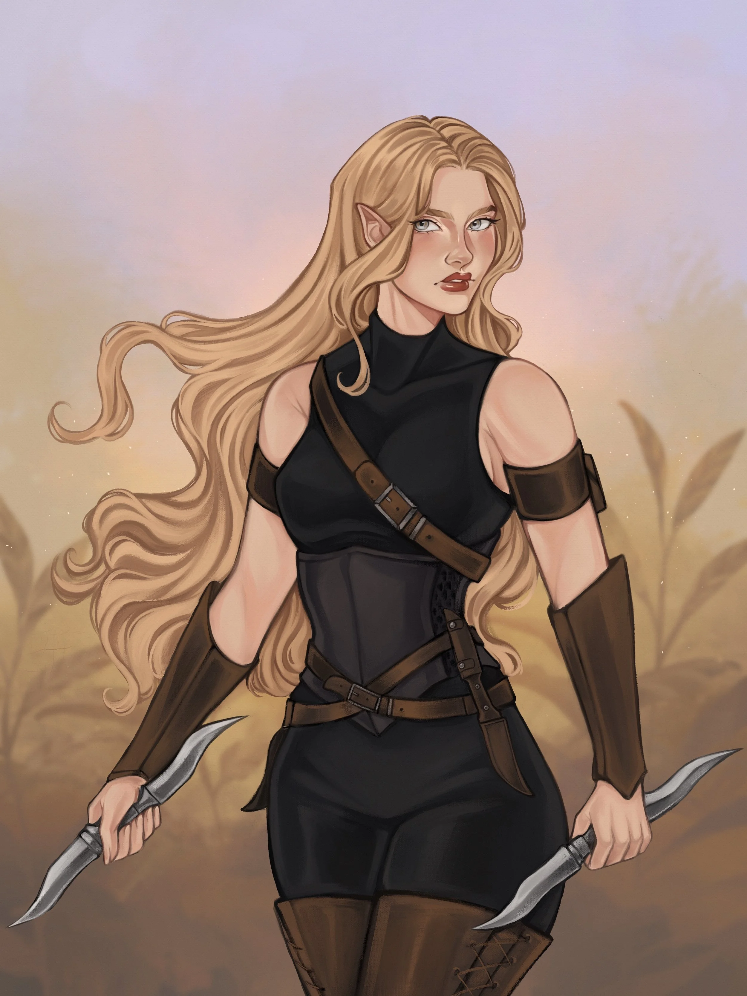 A fantasy elf woman with long blonde hair, pointed ears, and piercing blue eyes, dressed in black armor with brown accents, holding dual curved daggers, standing outdoors at sunset with a field of tall grass in the background.
