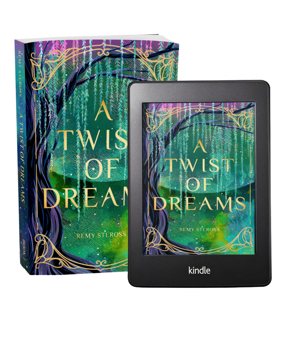 Book titled 'A Twist of Dreams' by Remy Steross beside a Kindle device displaying the same book cover, with a matching decorative background.