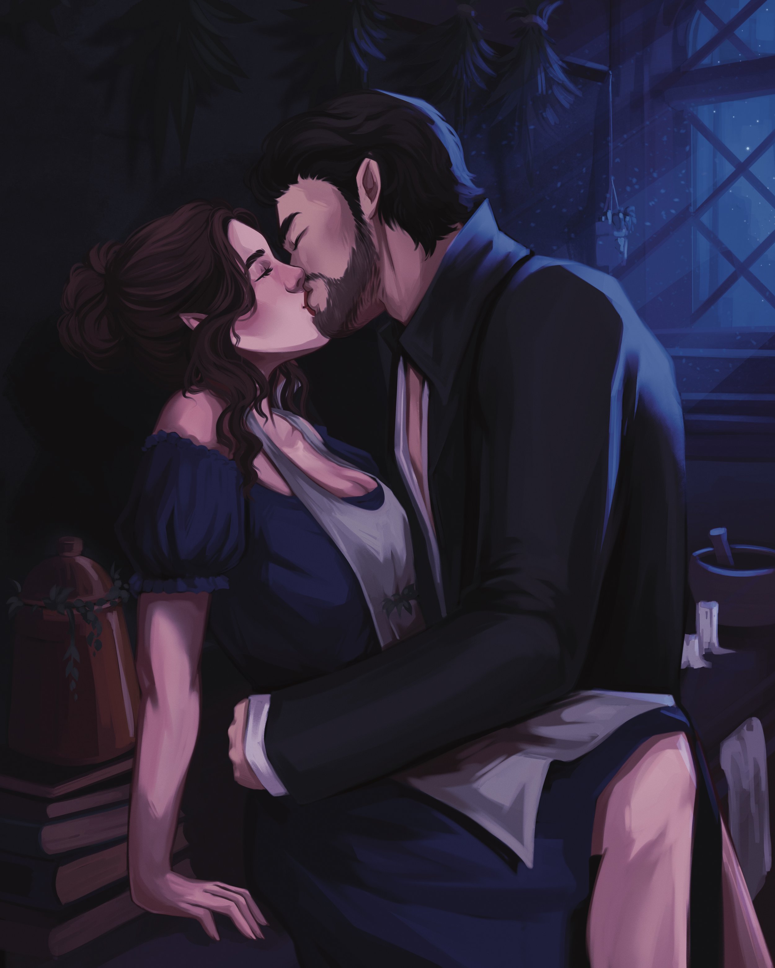 A romantic digital illustration of a man with dark hair and beard kissing a woman with elf ears and curly brown hair in a dark, starry night setting.