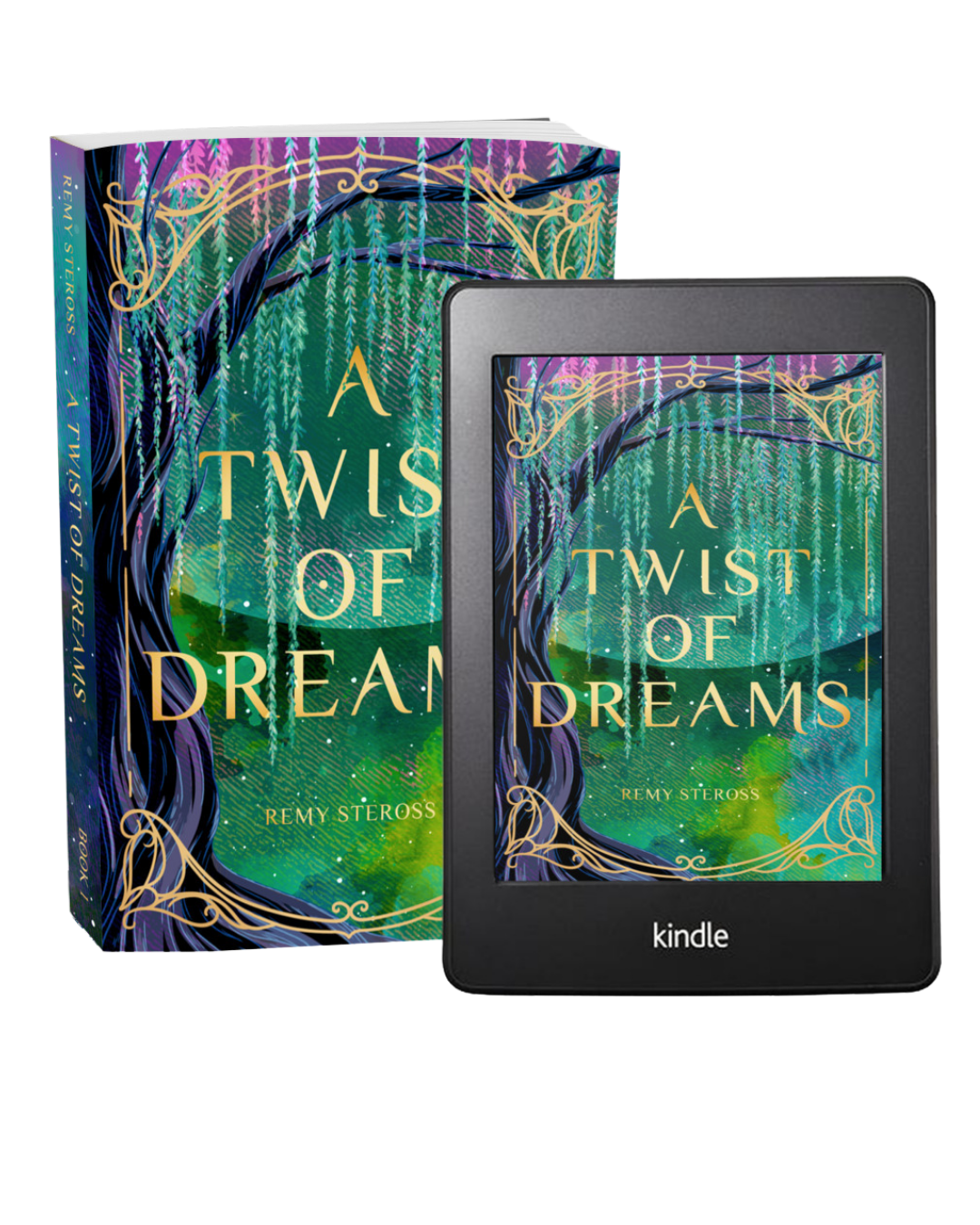 A book titled 'A Twist of Dreams' by Remy Steross displayed alongside a Kindle with the same cover image.