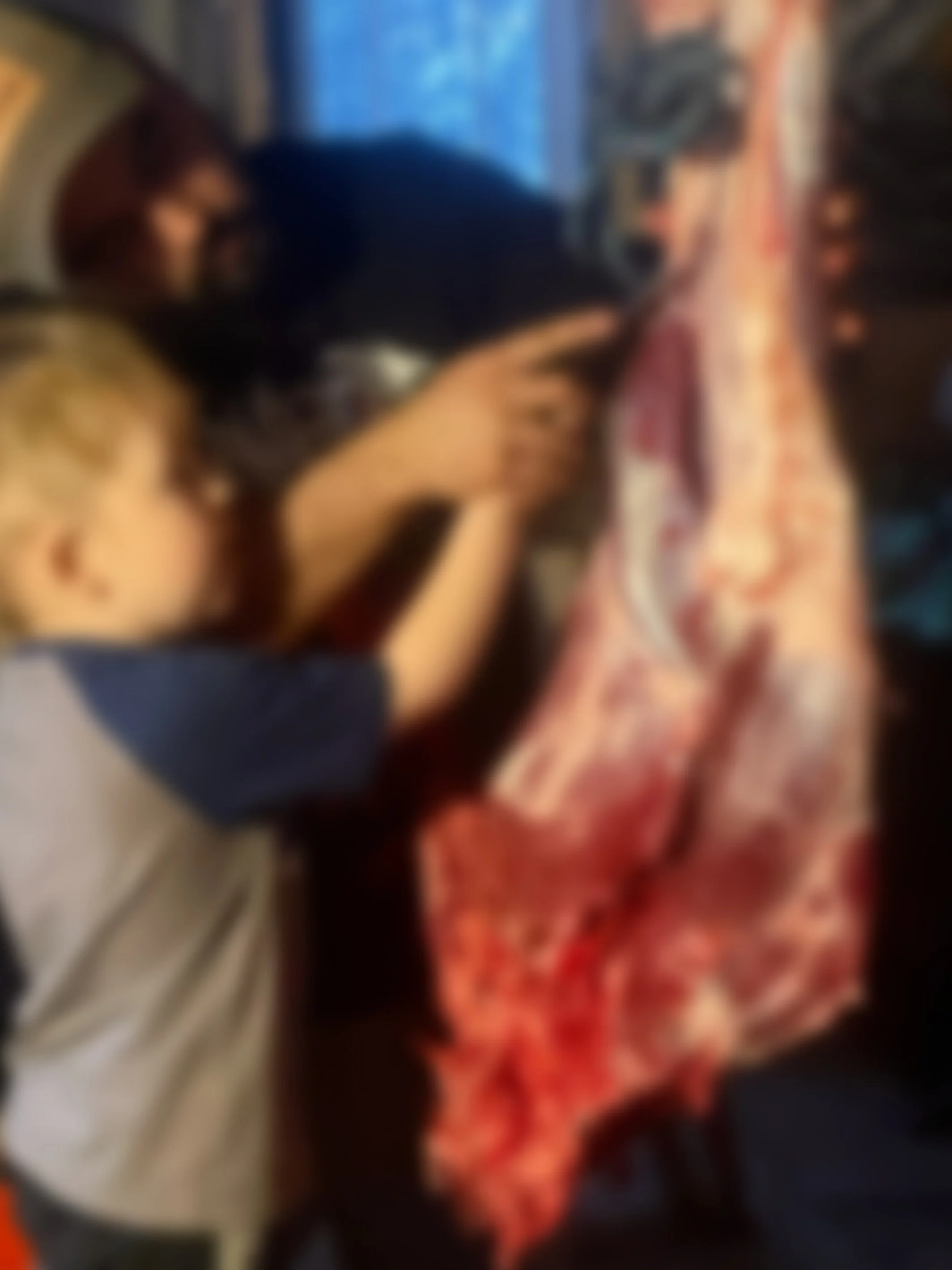 A blurry image showing a two people butchering