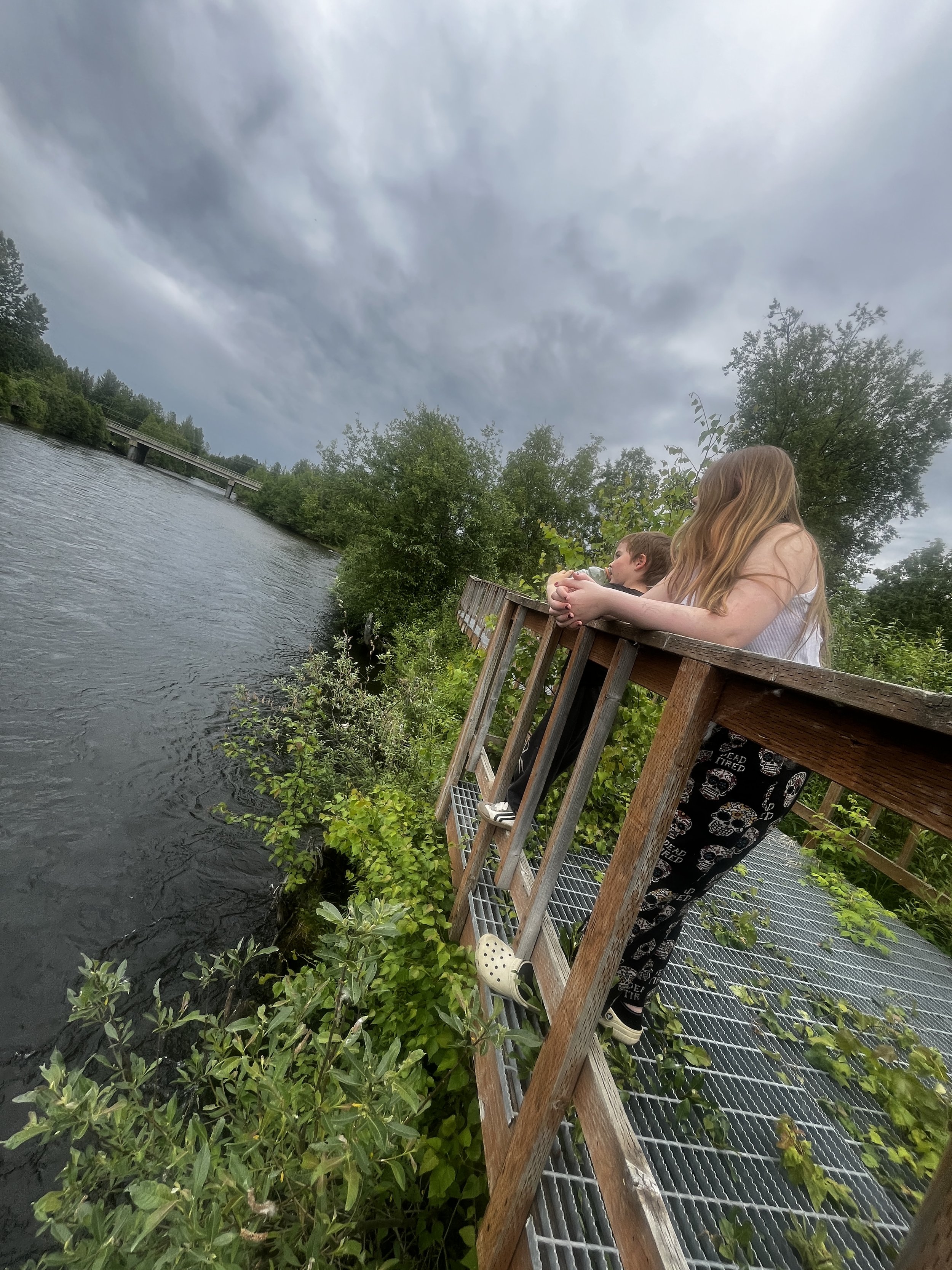 Two children, a boy and a girl, leaning on a wooden railing and looking out over a river, surrounded by green trees and under a cloudy sky.