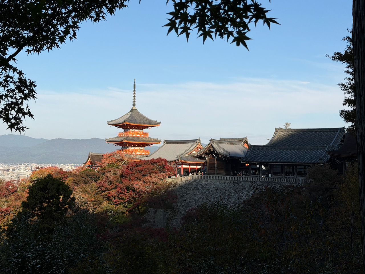 A traditional Japanese temple with a three-story pagoda, surrounded by trees with autumn foliage, under a clear blue sky.