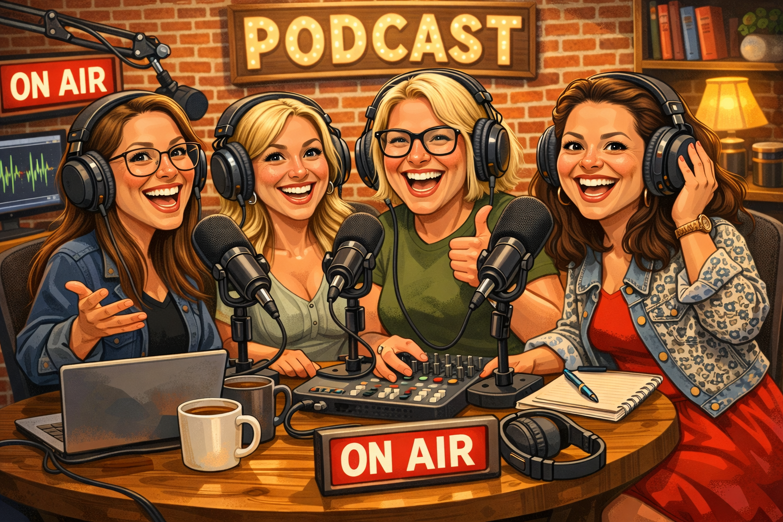 Four women in a radio studio recording a podcast, wearing headphones and smiling, with microphones and recording equipment on the table, and a sign that reads 'ON AIR'.