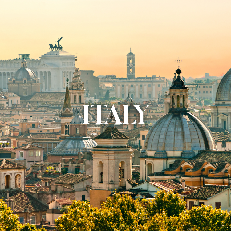 Cityscape of Rome, Italy with historic buildings, church domes, and the Roman Forum in the distance at sunset.