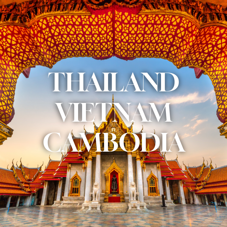 A traditional Thai temple with ornate details, surrounded by other structures with red and gold roofs, under a partly cloudy sky.