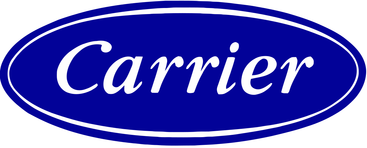 Carrier logo in blue oval with white border and white text