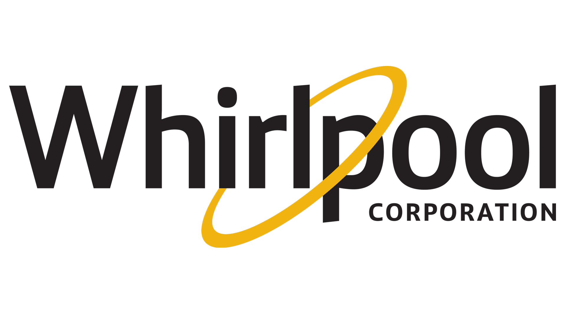 Whirlpool Corporation logo with black text and a gold orbiting ring around the 'i' in 'Whirlpool'.