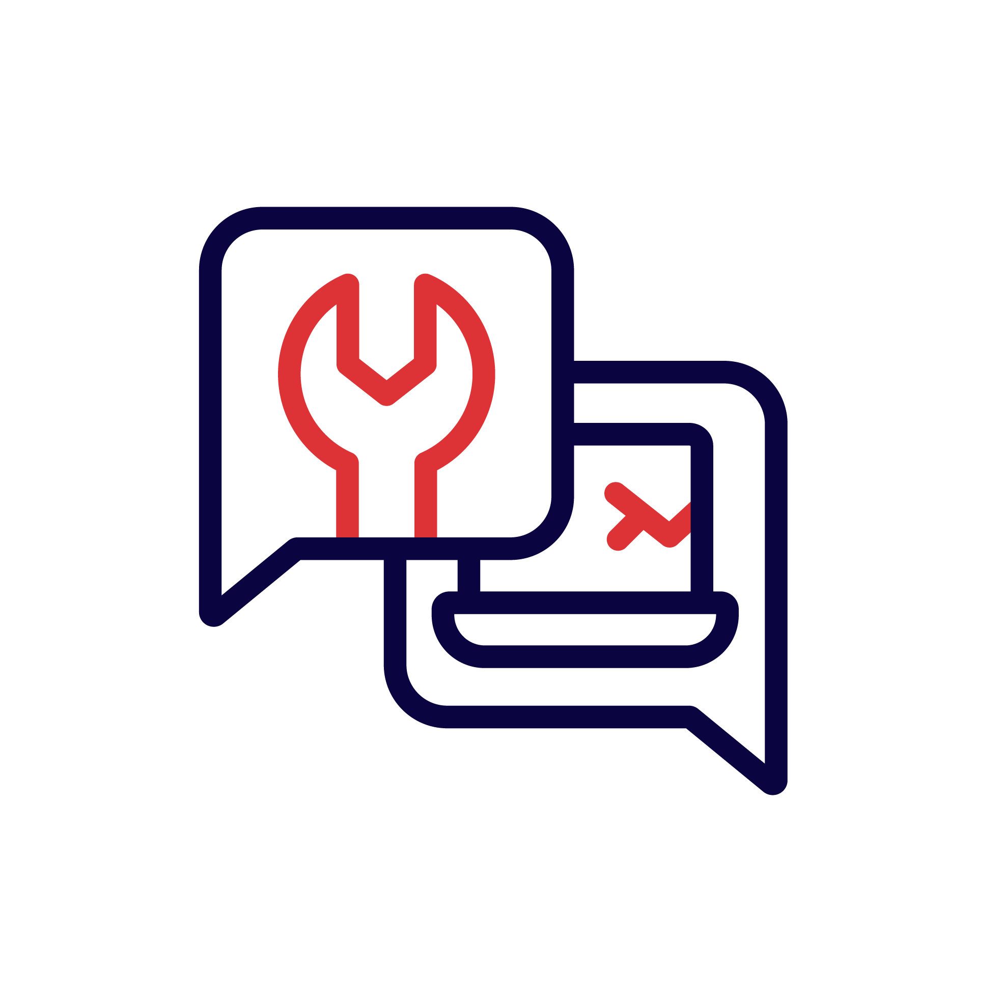 Icon displaying a red spanner icon and a chat bubble with a laptop device in the other chat window in outlines of red and blue.