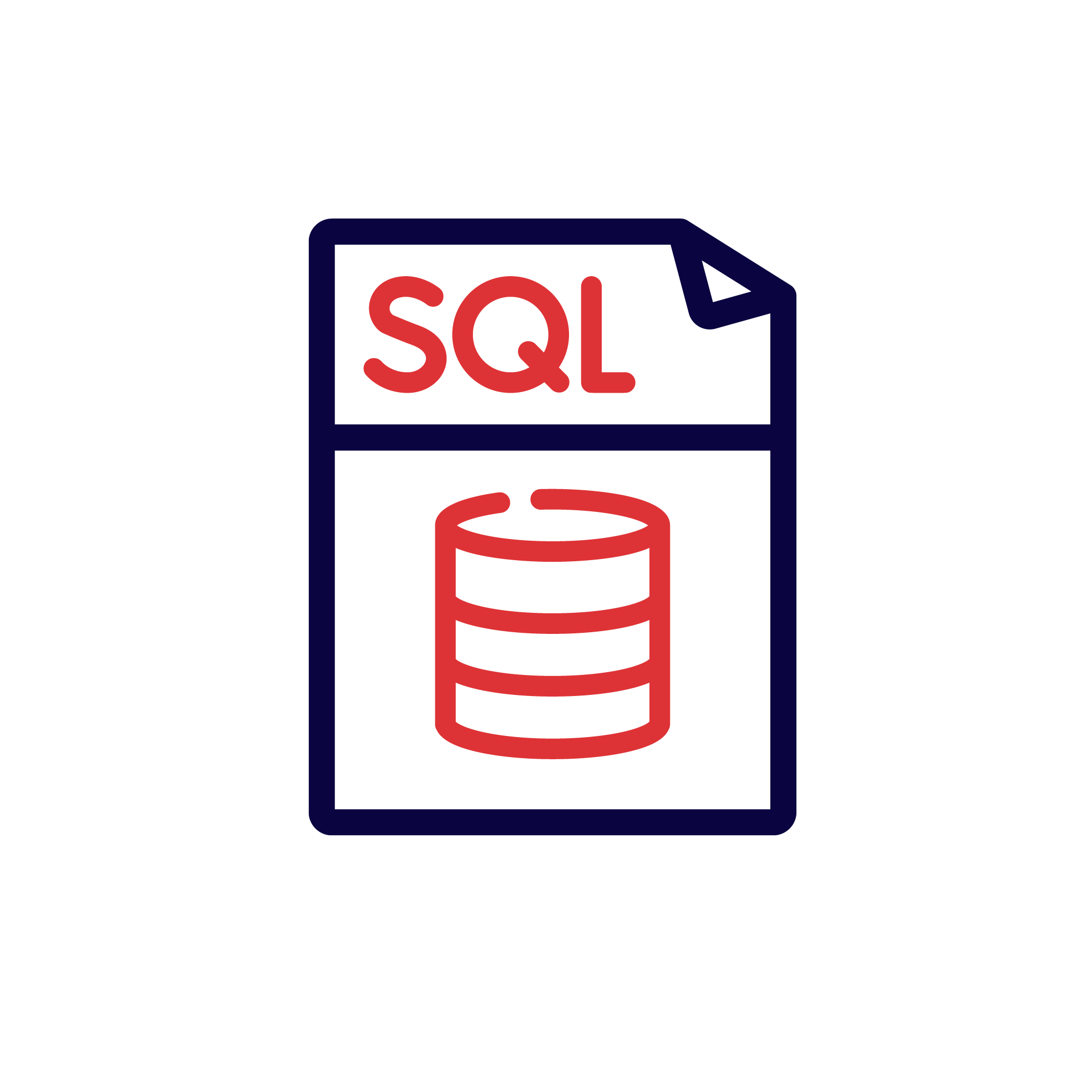 Icon of a database with a software code file labeled SQL on it.