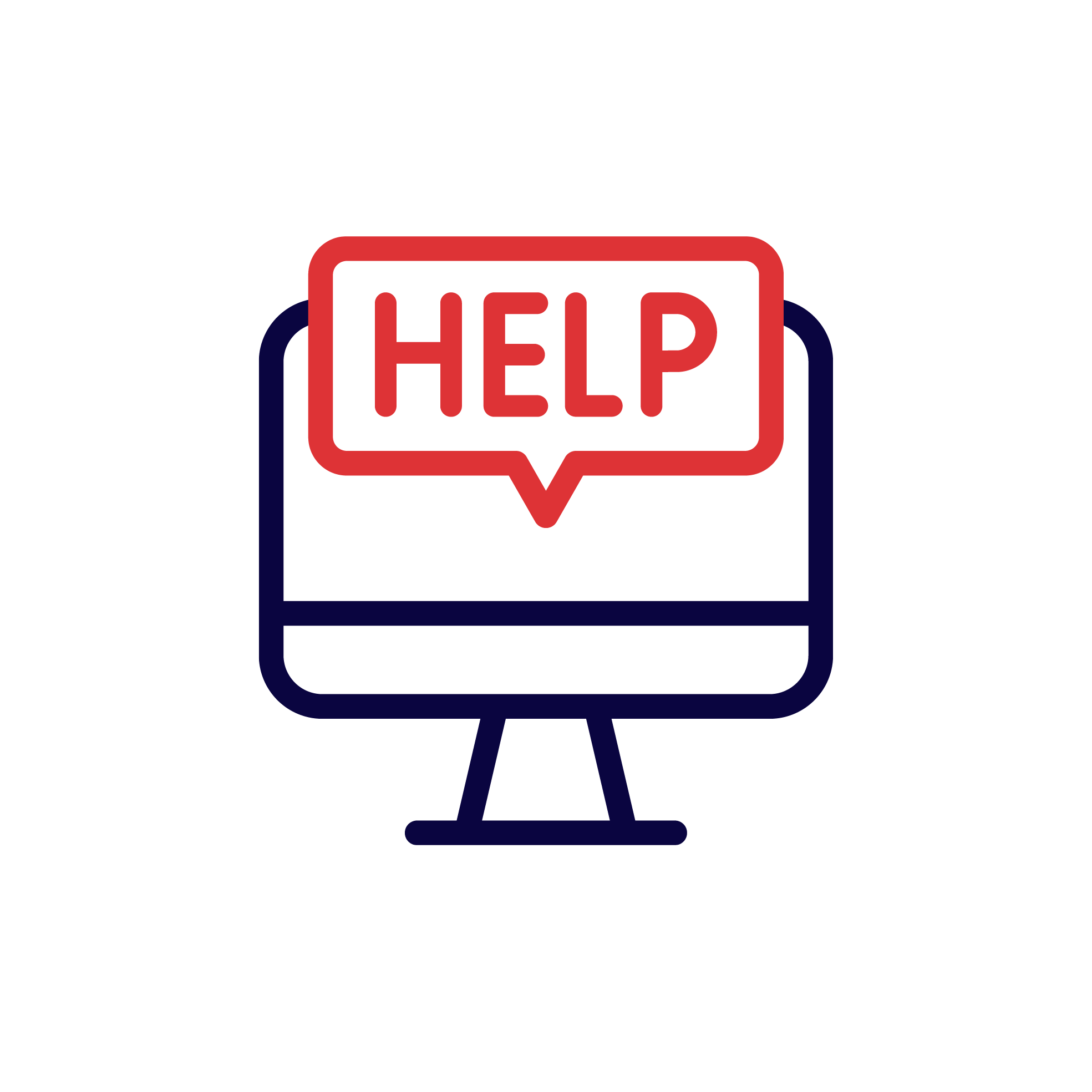 Icon of a computer monitor with a neon outline displays a red help icon in a speech bubble.