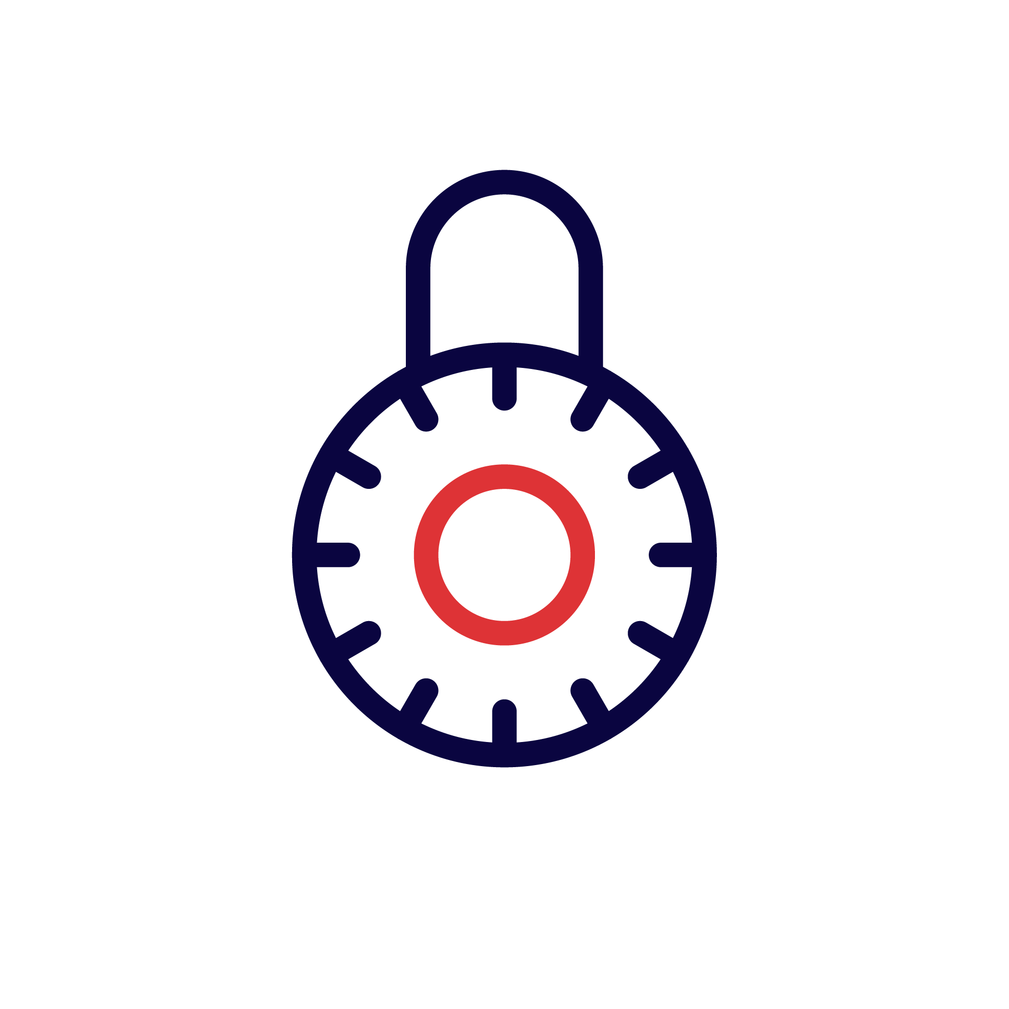 Icon of a security padlock in blue and red outlines.