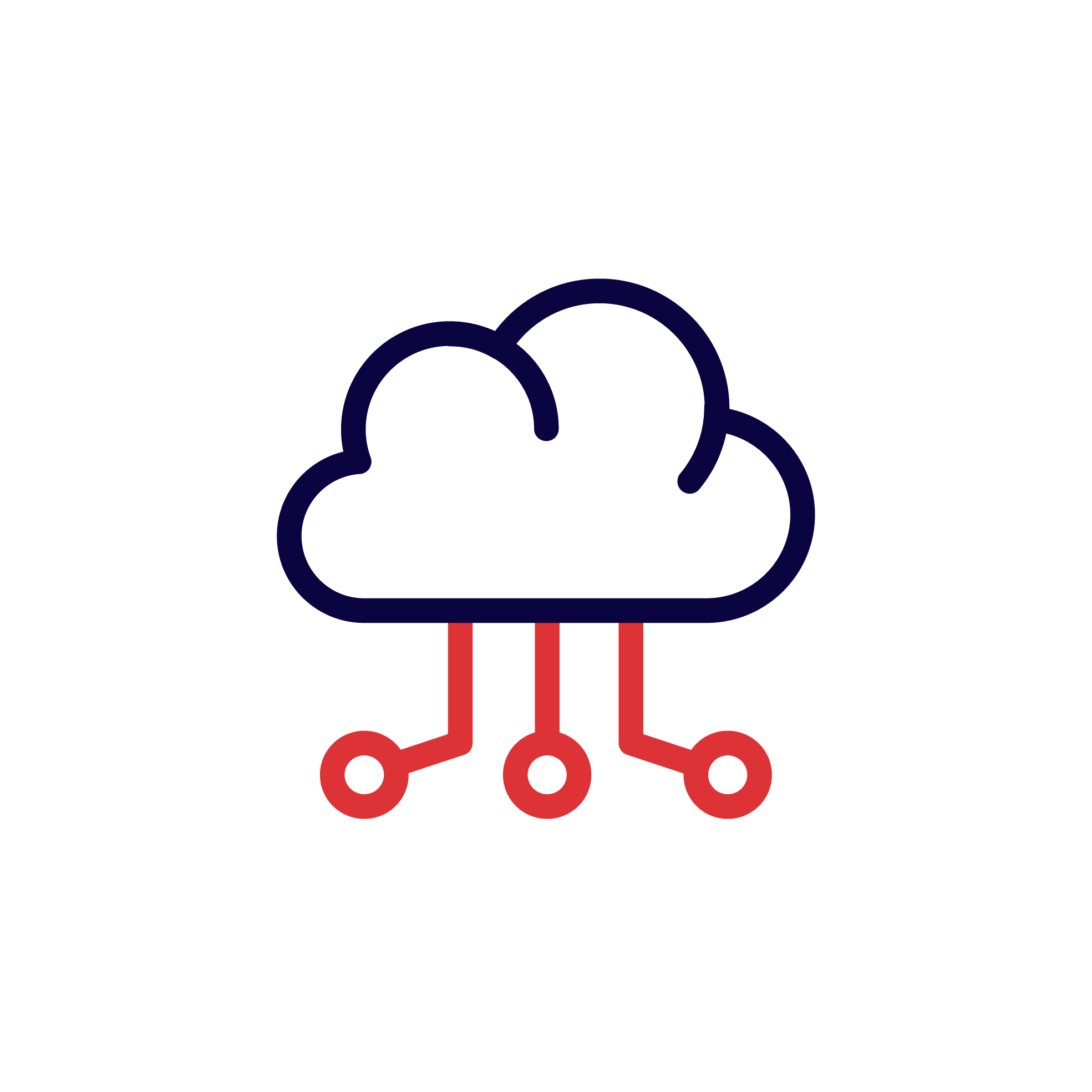 Icon of a cloud connected to three small circles beneath it with red straight lines connecting the circles to the cloud.