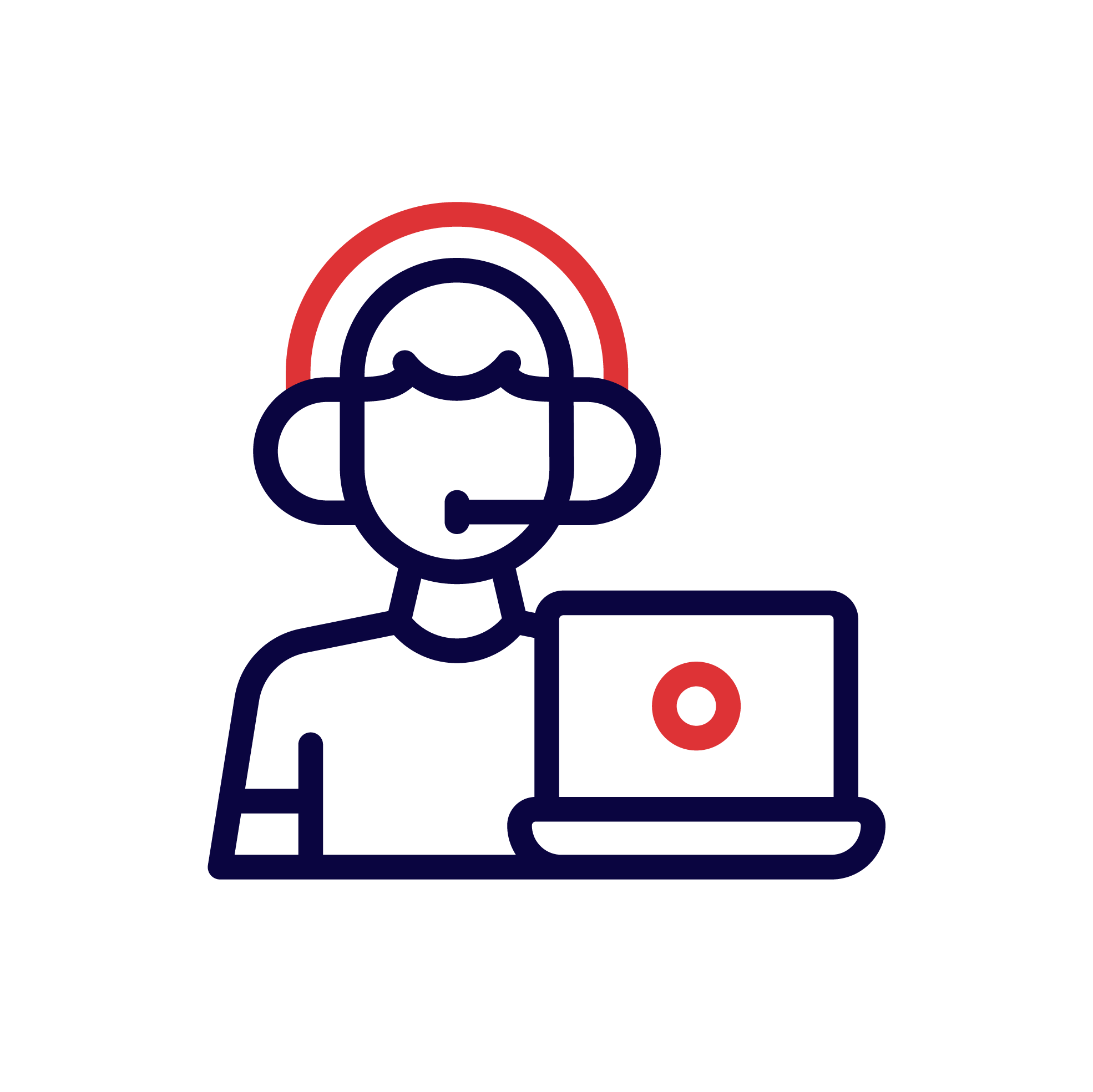 Icon outline drawing of an IT Support  standing behind a computer laptop with a red dot on the back of the laptop in red and blue outlines.