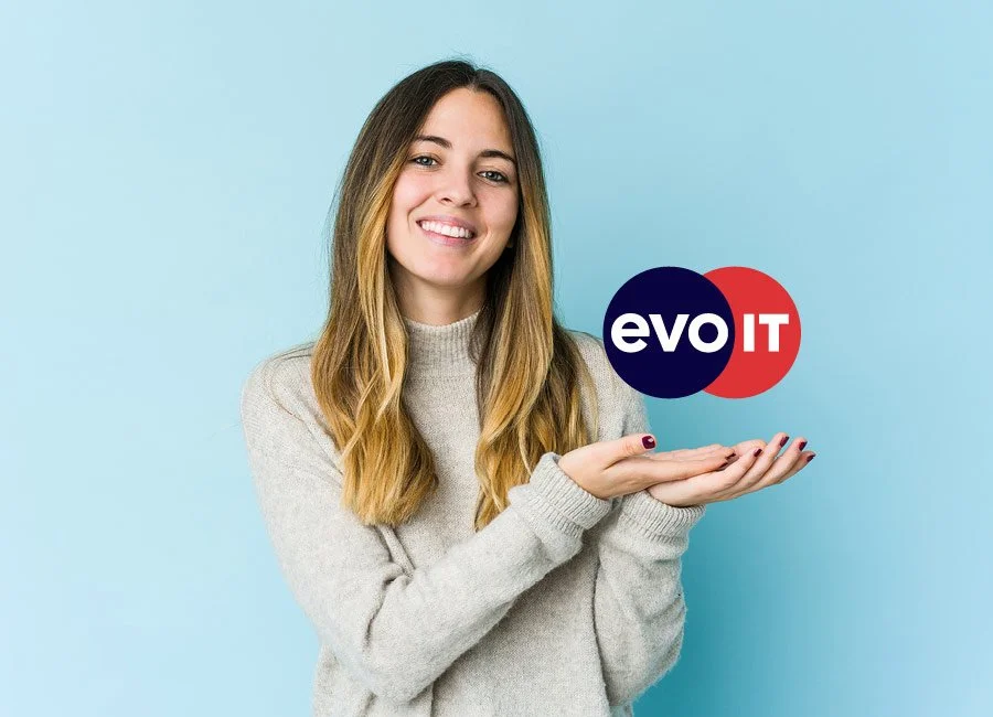A young woman holding her hands in a cup shape with a logo that says 'evo IT' on it, standing against a light blue background.