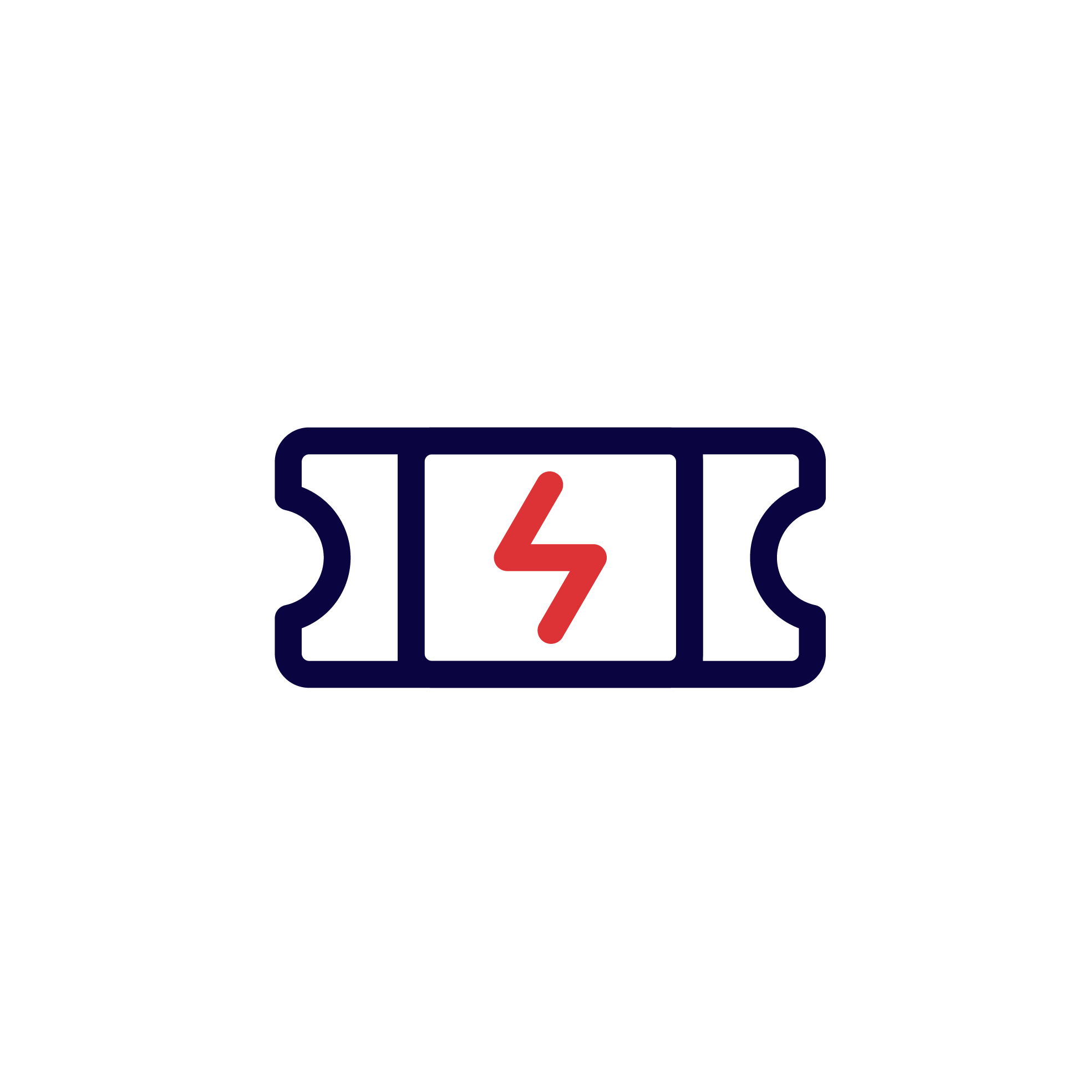 Icon of a ticket with a bolt of lighting symbol in the middle in red and blue outlines.