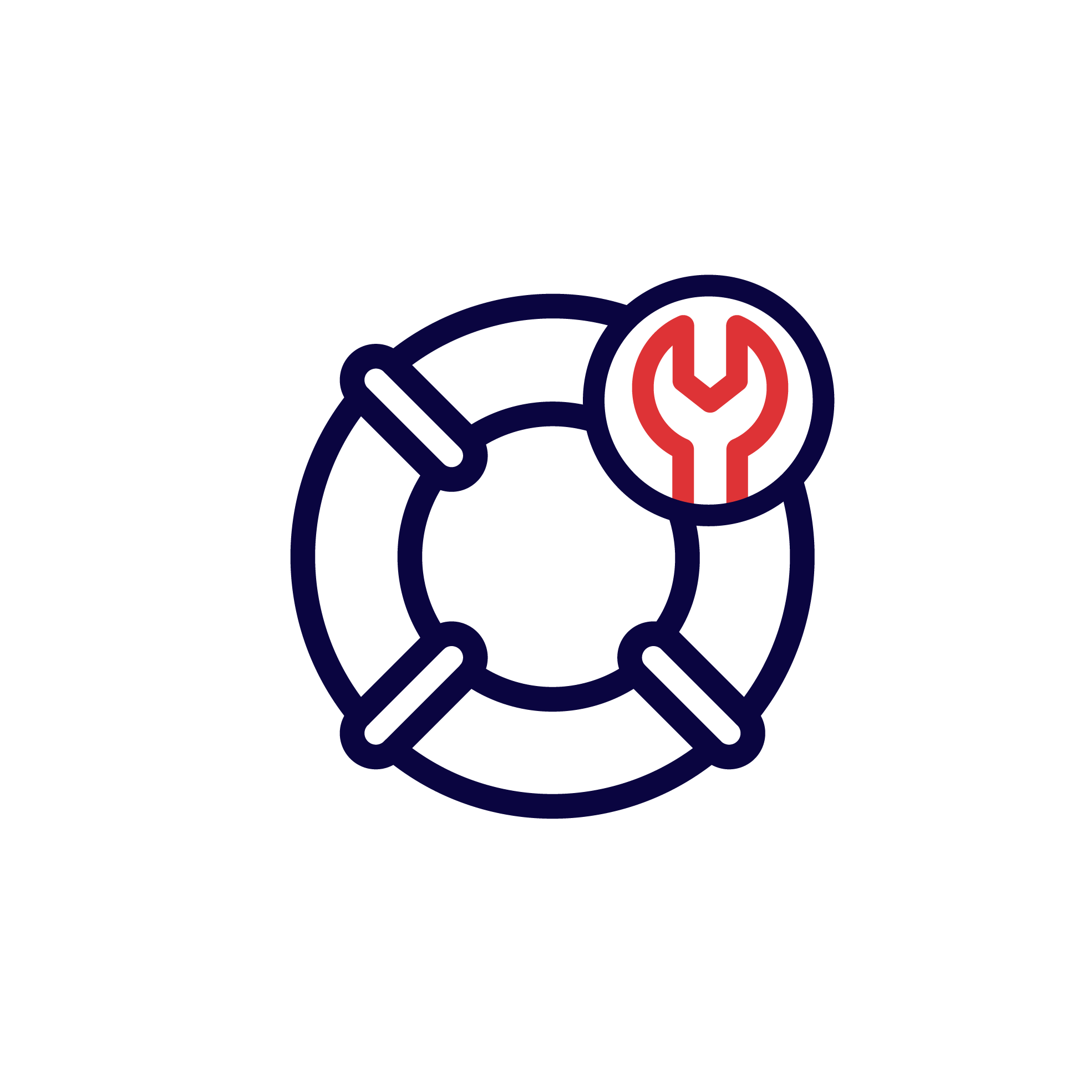 Icon of a lifebuoy ring with a wrench icon symbol over the top right corner in red and blue outlines.