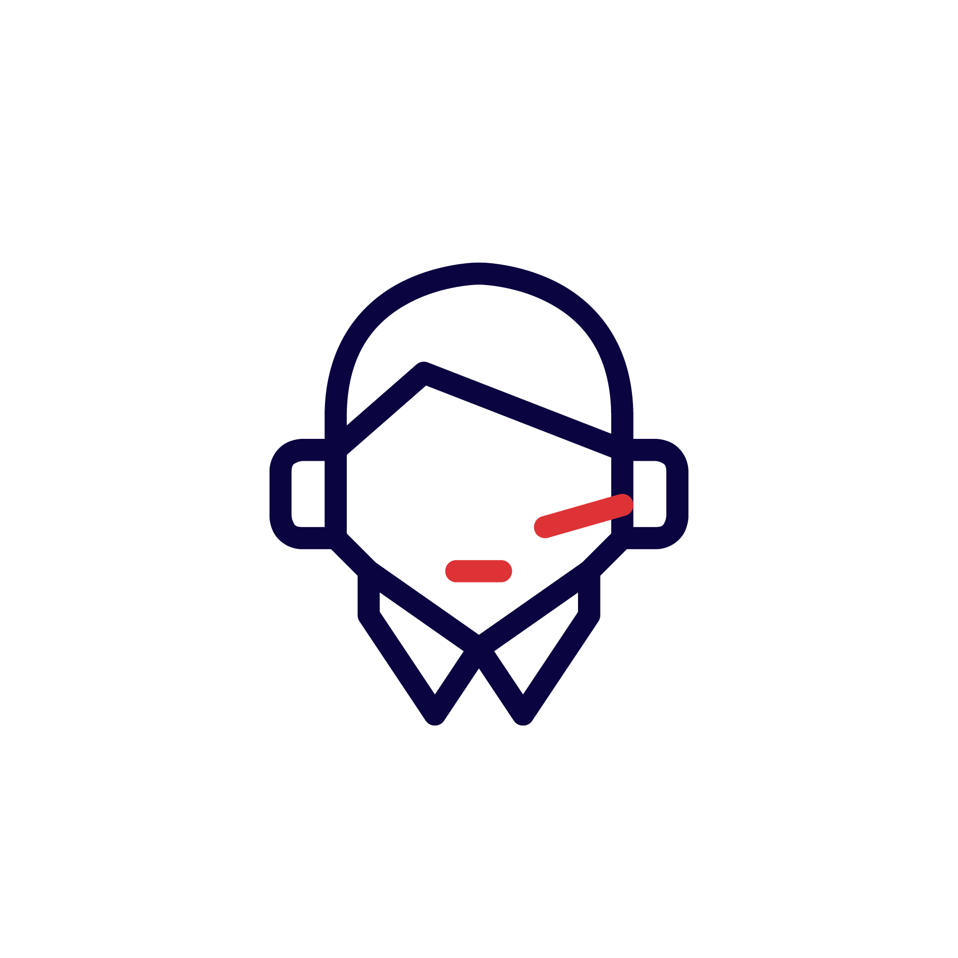 Icon of a person's head wearing headphones with microphone, featuring a checkmark symbol inside the head in red and blue outlines.