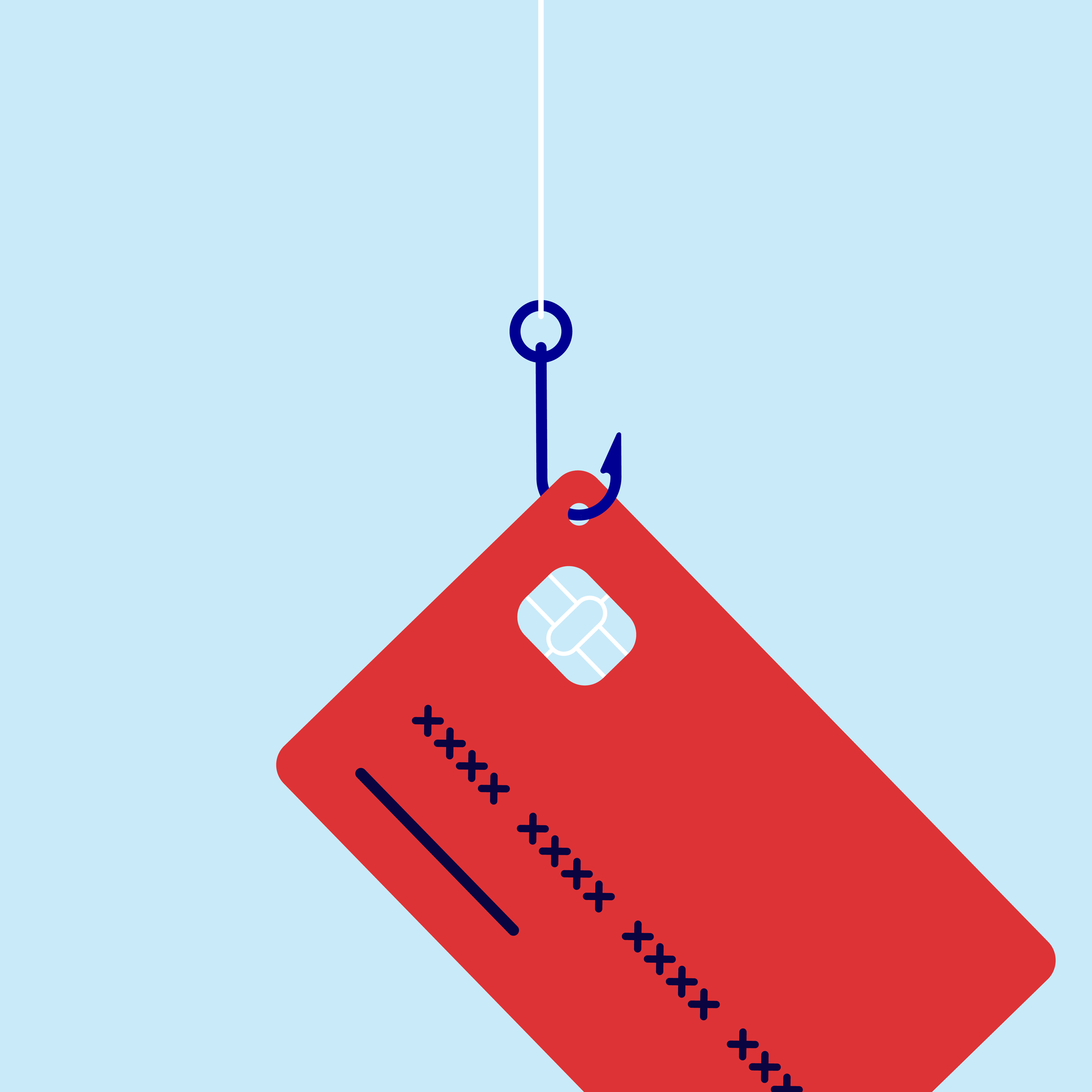 Stylised illustration of a credit Card being fished upwards with the fishing hook attached to the corder of the card through a small hole with a blue background.