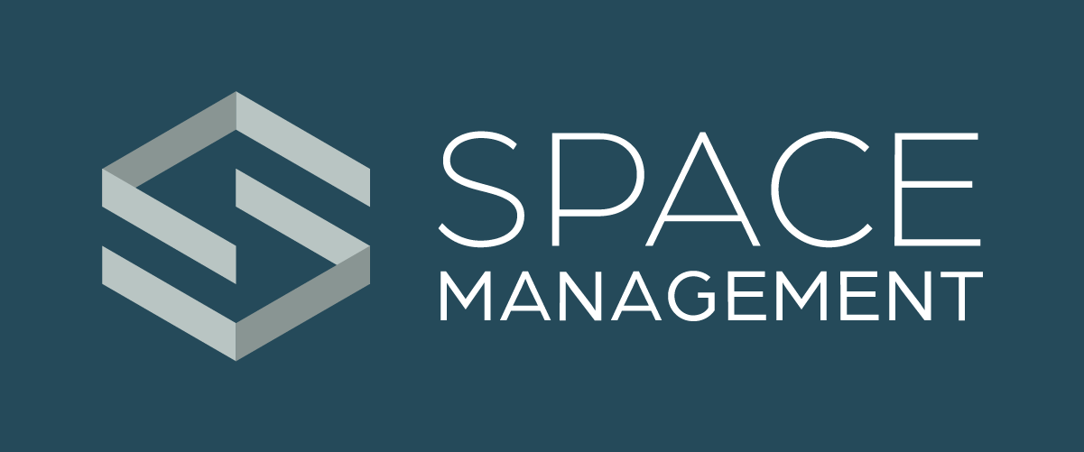 Logo for Space Management featuring a geometric 3D cube and the text 'SPACE MANAGEMENT' on a dark background.