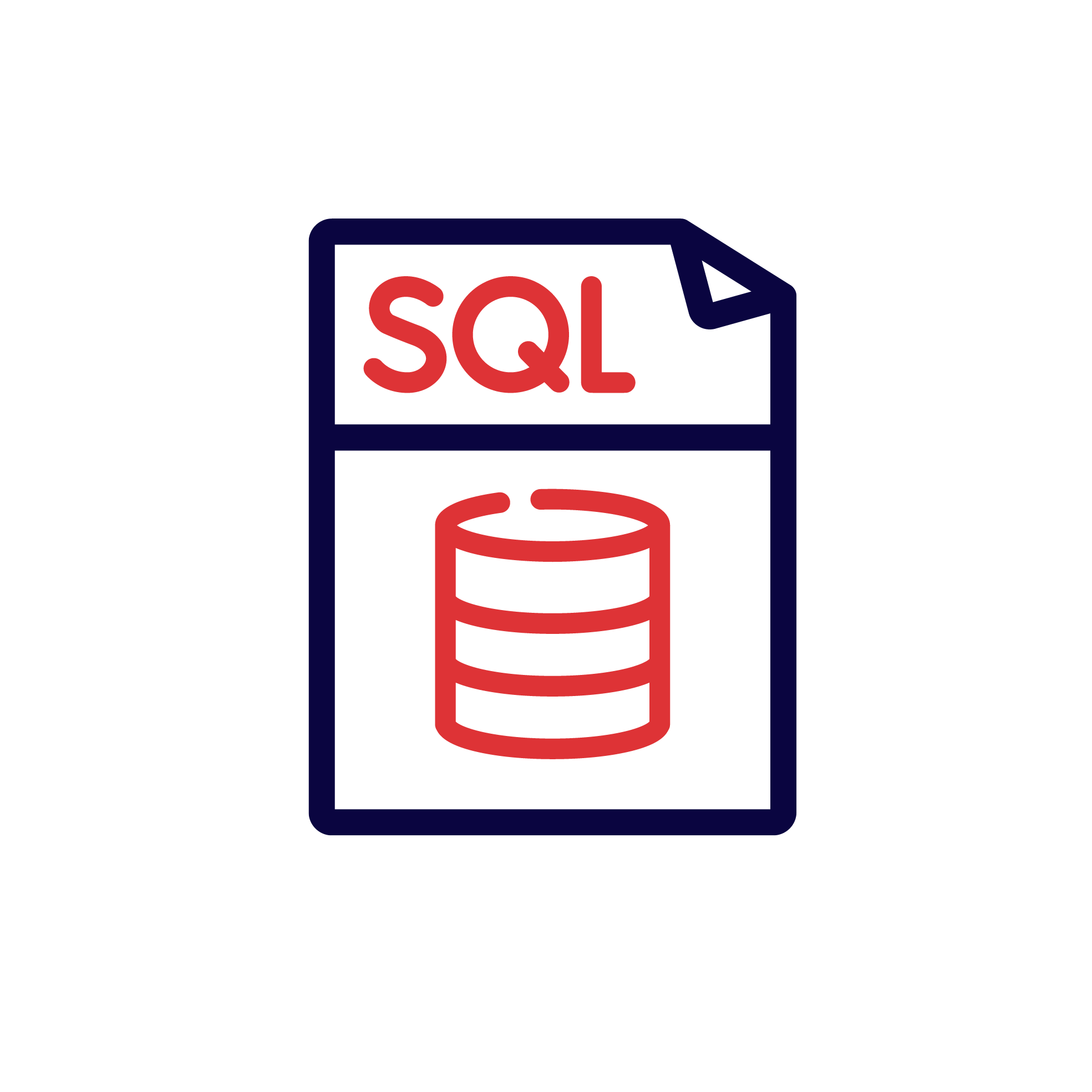 Icon Diagram of a computer server running an SQL database, with a stack of cylinders representing data storage in red and blue outlines.