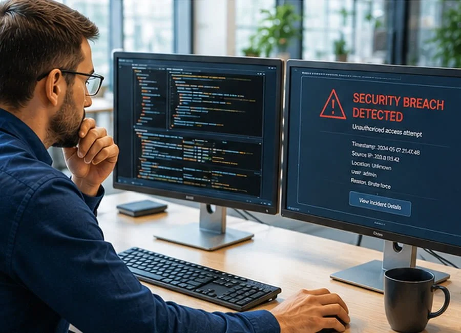 A man looking at two computer monitors, one displaying lines of code and the other showing a security breach alert with a warning symbol, indicating a security breach detected.