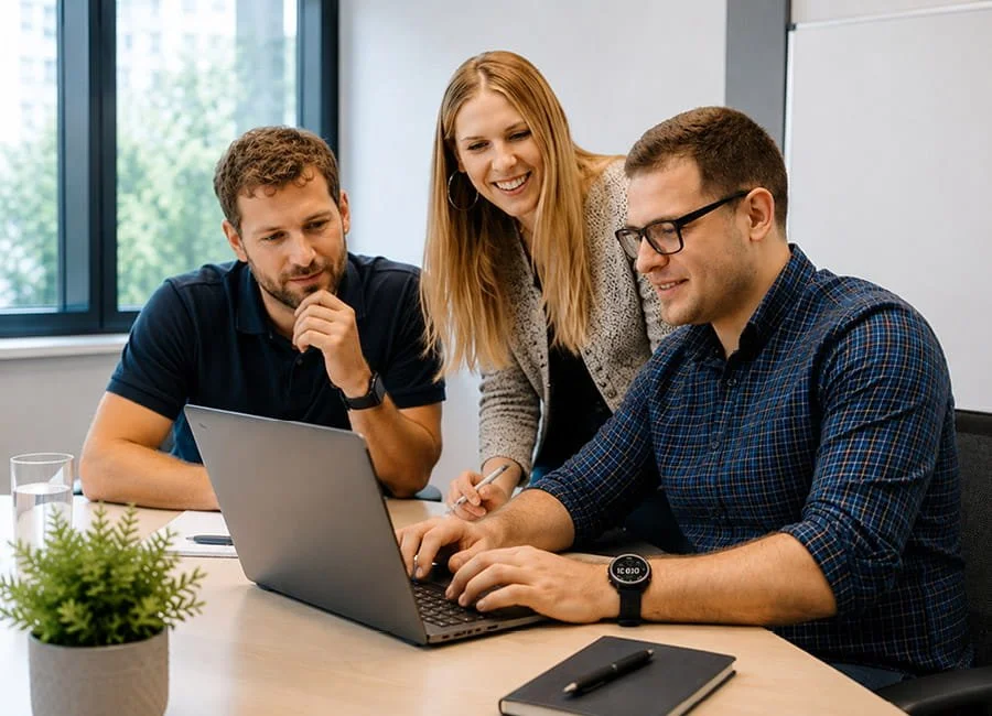 Three colleagues look at a laptop screen during a discussion in an office conference room.