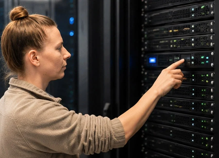A mn with hair in a bun working with a server rack in a data center.