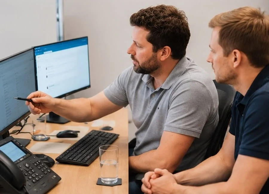 Two men sitting at a desk, looking at a computer screen, with one man pointing at the monitor.