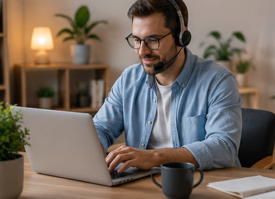 A man with glasses and a headset sitting at a desk working on a laptop in a cozy home office with plants, a lamp, and organized shelves in the background.