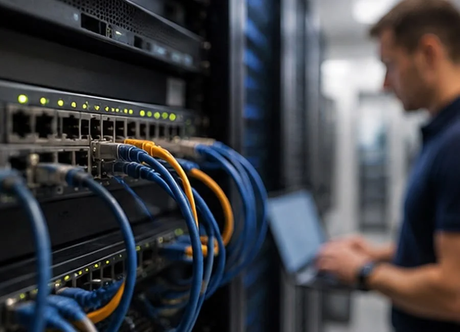 A technician working with networking equipment in a server room, focusing on cables connected to network switches.