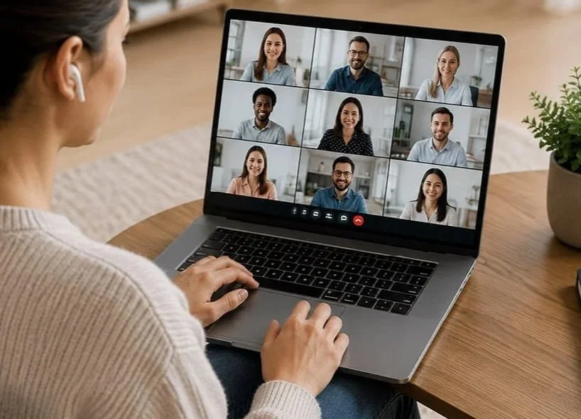 A woman participating in a video conference call on her laptop, with nine diverse colleagues visible on the screen.