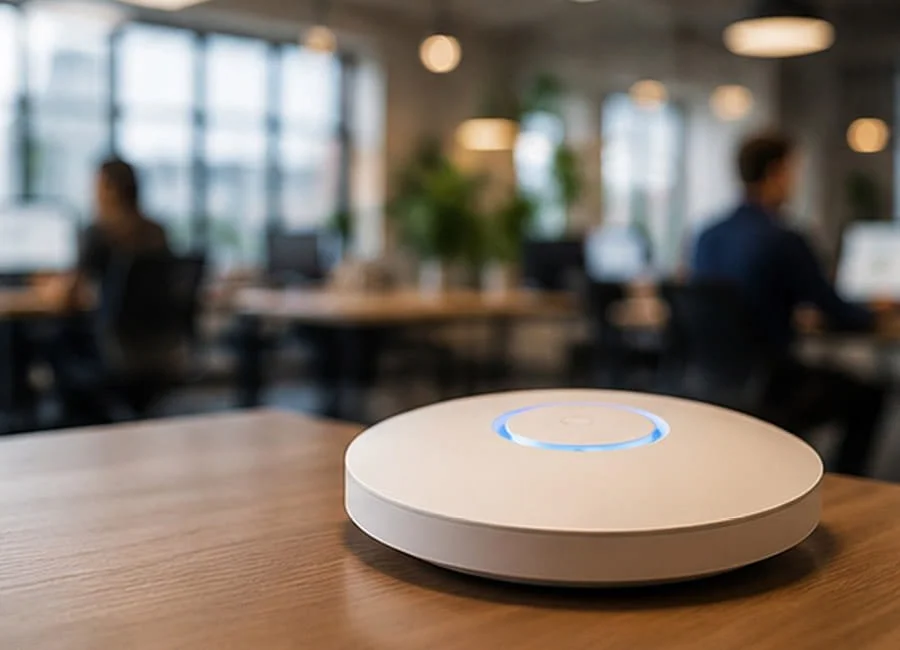 A white smart speaker with a blue ring light on a wooden table in a modern office environment, with people working at desks in the background.