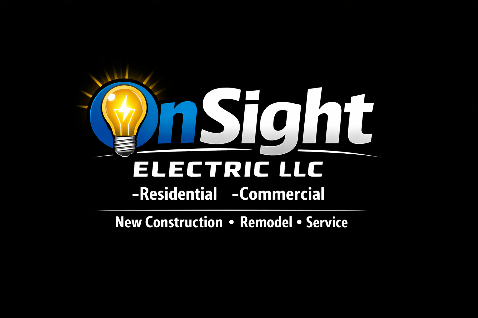 Logo for OnSight Electric LLC with a lit light bulb, company name, and services listed as residential, commercial, new construction, remodeling, and service, on a black background.