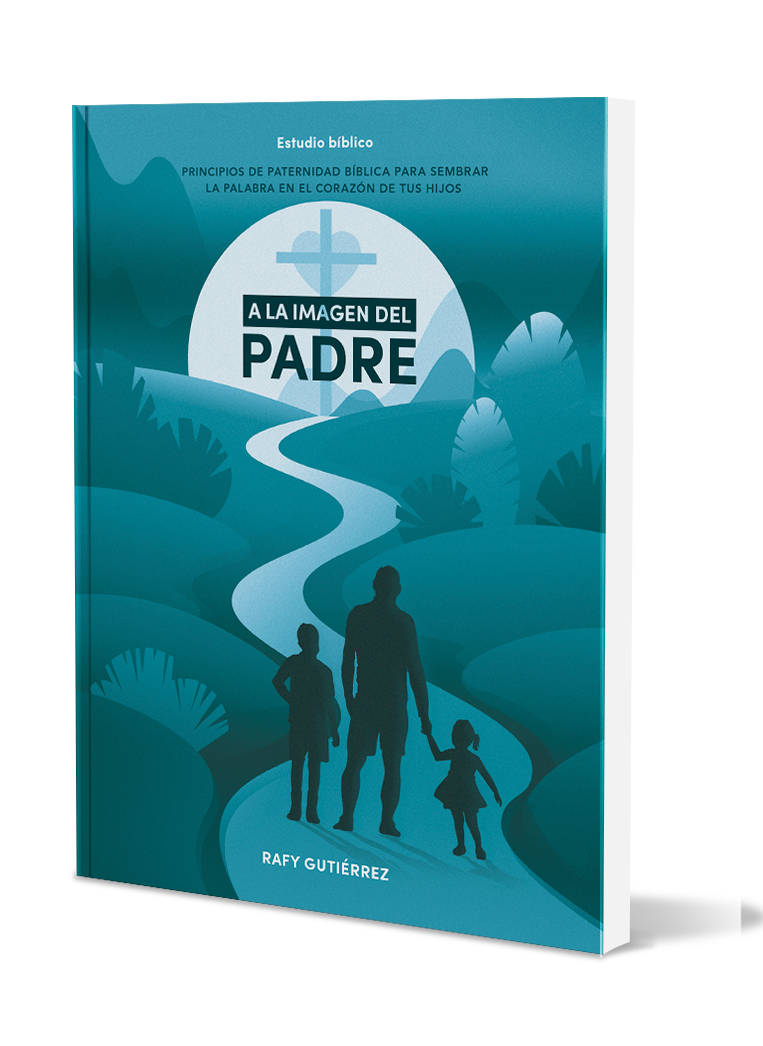 Book cover titled 'A LA IMAGEN DEL PADRE' by Rafy Gutiérrez. Features a stylized illustration of a father walking with two children on a winding path through a landscape with trees and hills, with a cross symbol in the background.